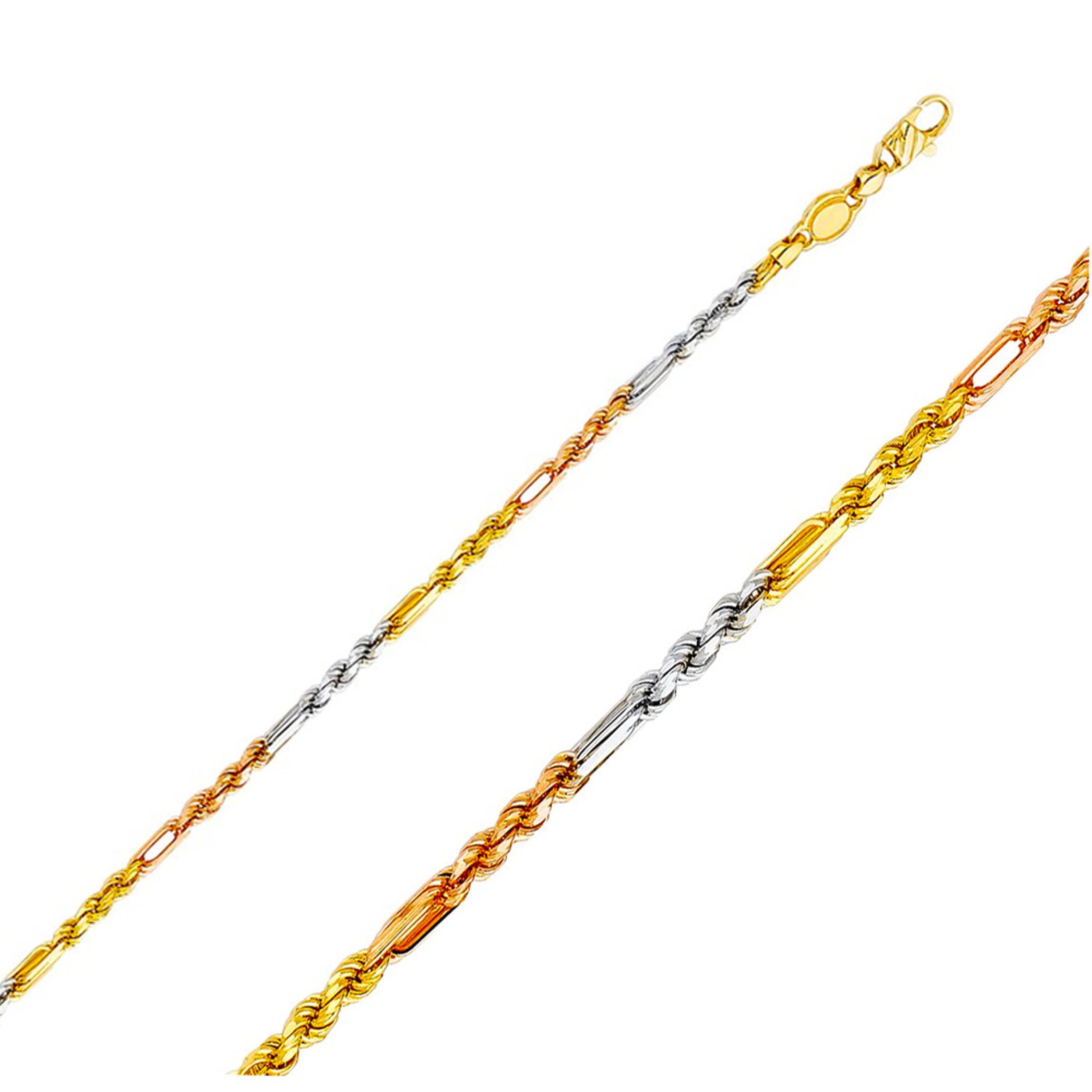 14k Gold 3mm Tri-color Milano Rope Chain 20 Inches 14k Gold 3mm Tri-color Milano Rope Chain 20 Inches
