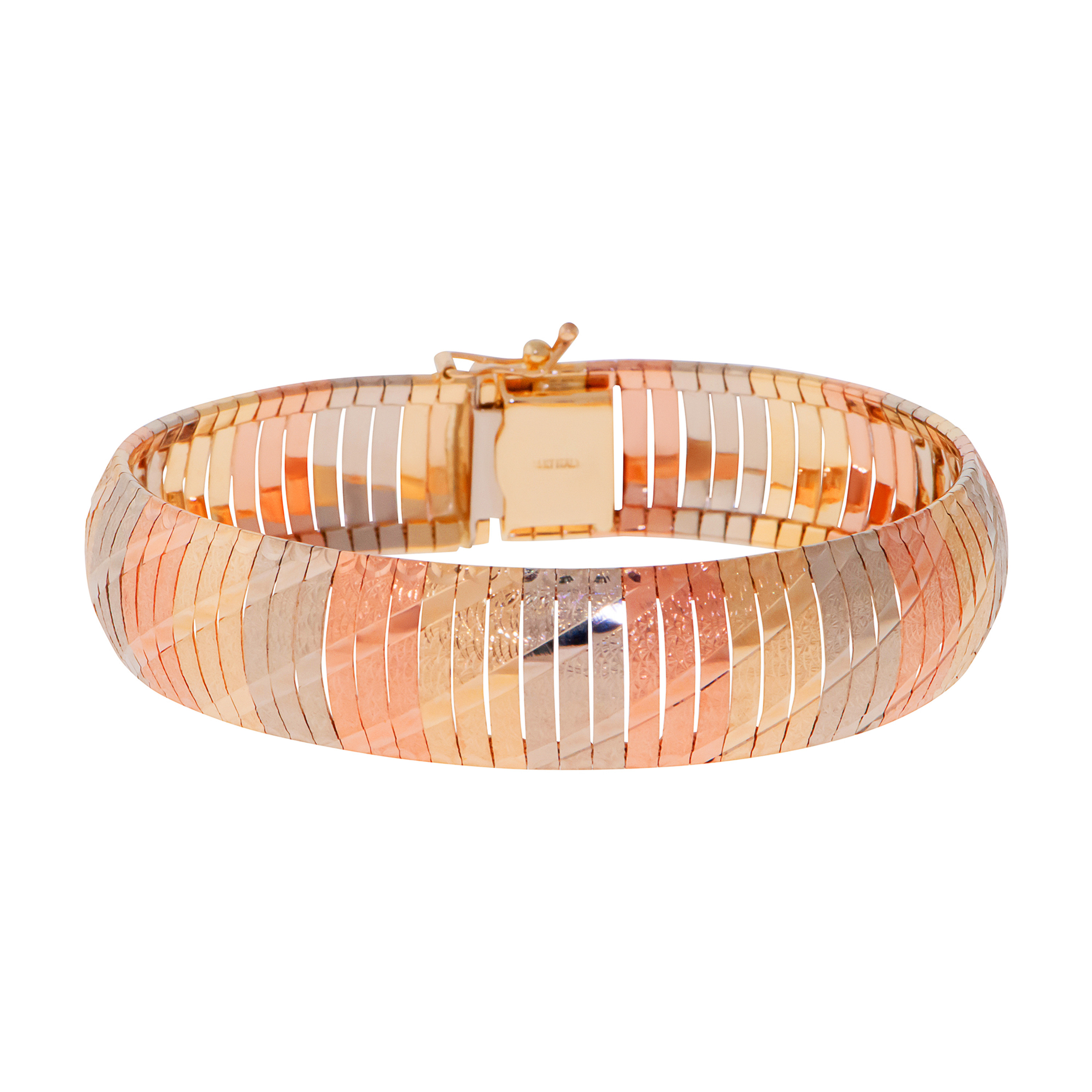 14k Gold 13mm Tri-color Omega Textured Flex Bangle Bracelet 7 Inches 14k Gold 13mm Tri-color Omega Textured Flex Bangle Bracelet 7 Inches