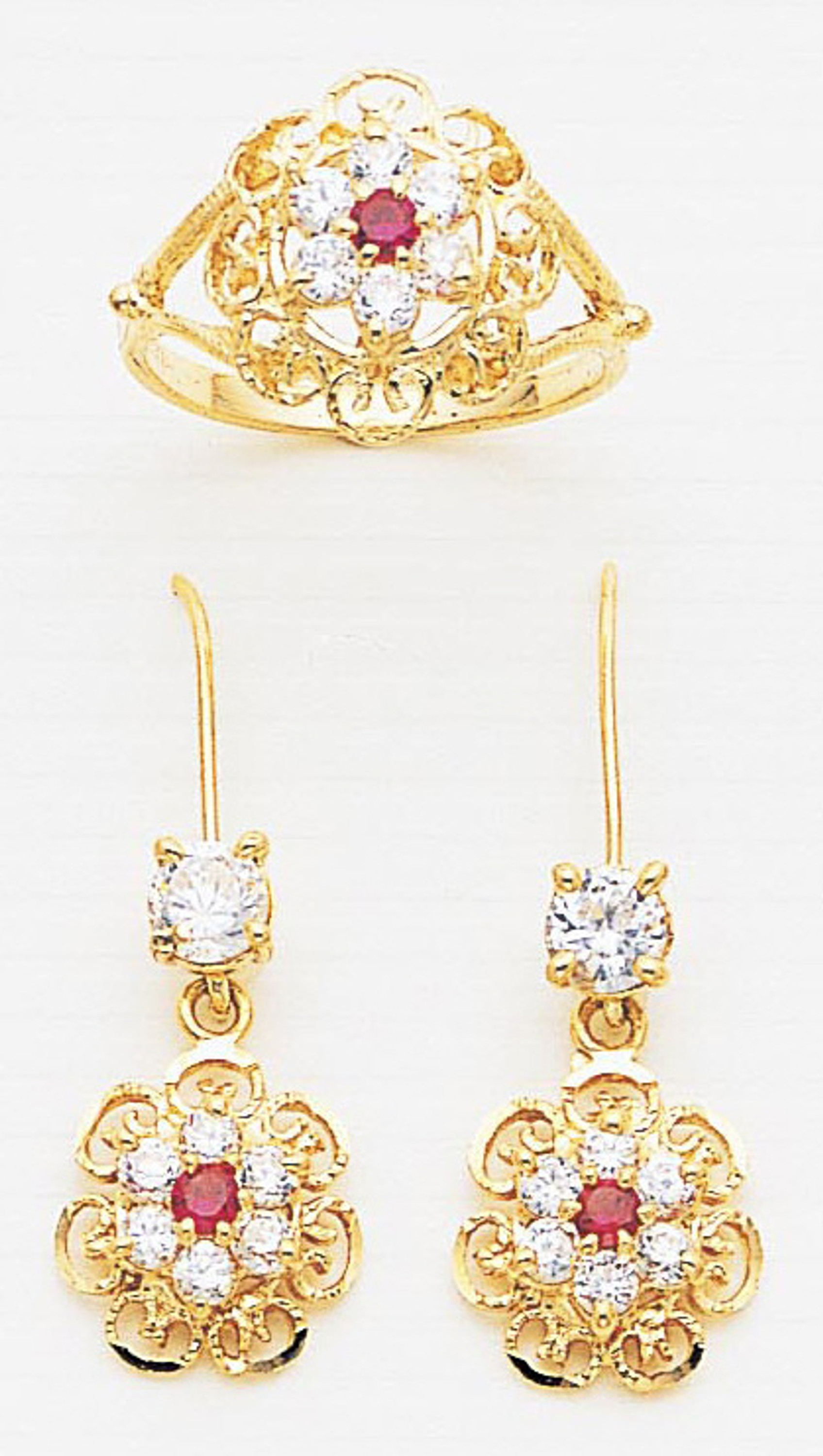 14k Gold  12mm W by 32mm  Synthetic Ruby Ring And Earring Set 14k Gold  12mm W by 32mm  Synthetic Ruby Ring And Earring Set