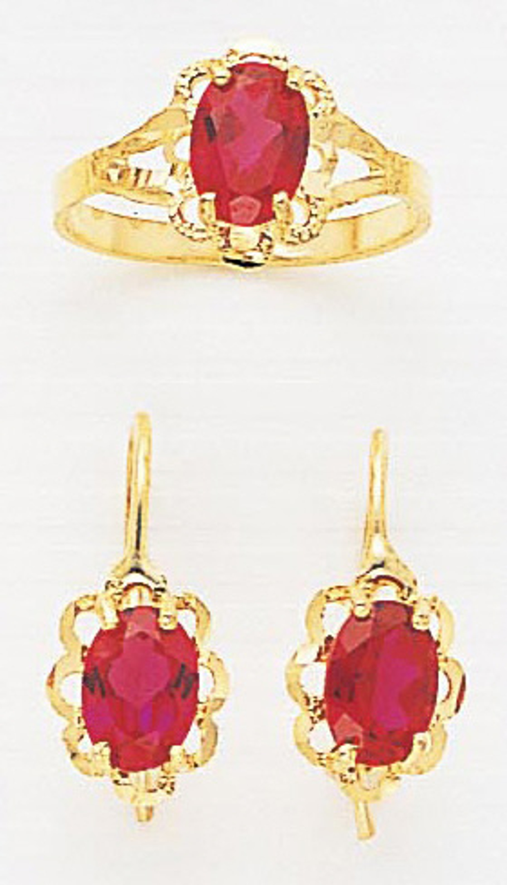 14k Gold  8mm W by 18mm  Synthetic Ruby Ring And Earring Set 14k Gold  8mm W by 18mm  Synthetic Ruby Ring And Earring Set