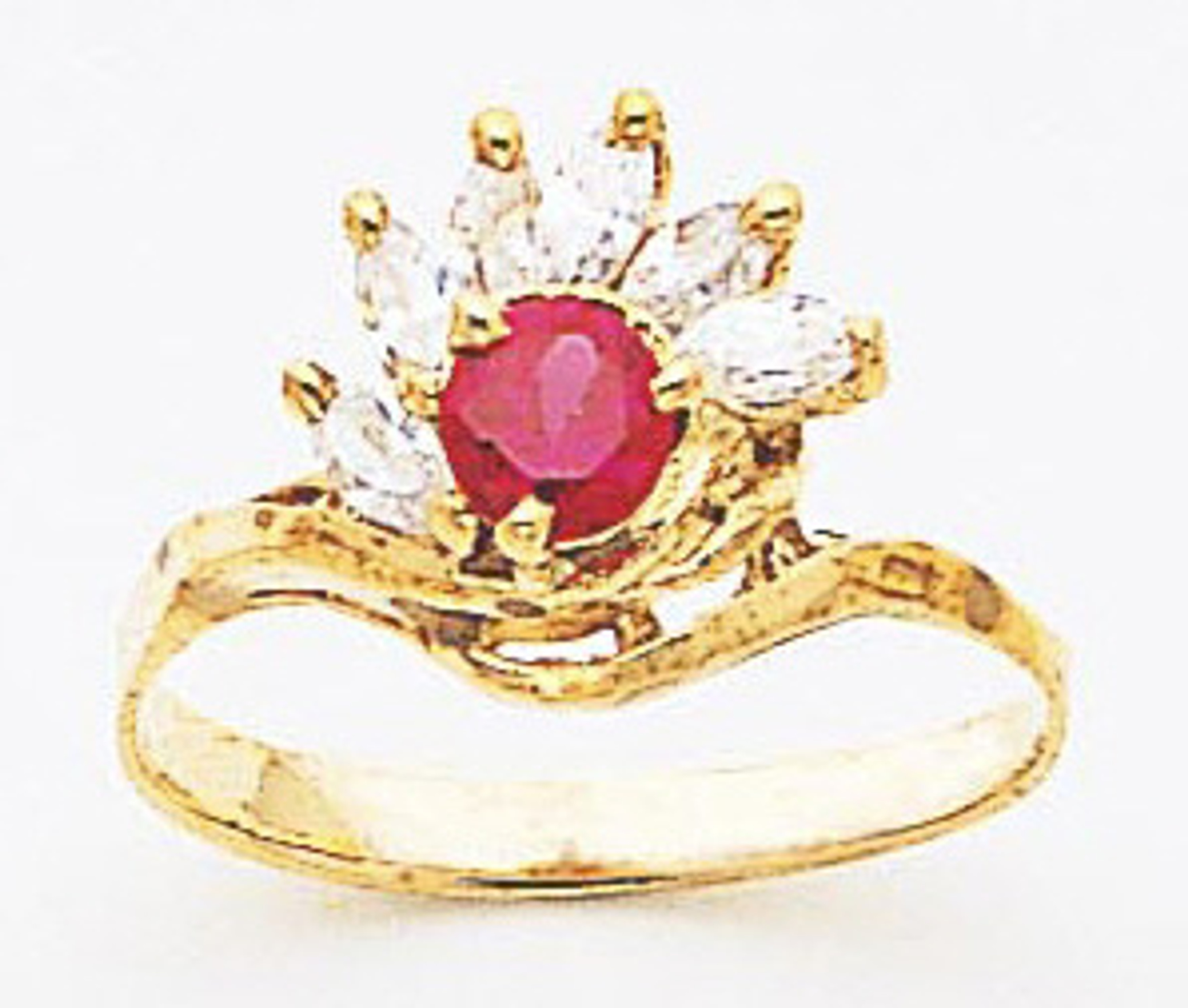 14k Gold Ladies synthetic Ruby and Man Made Diamonds Flower Cocktail Ring 12mm Wide 14k Gold Ladies synthetic Ruby and Man Made Diamonds Flower Cocktail Ring 12mm Wide
