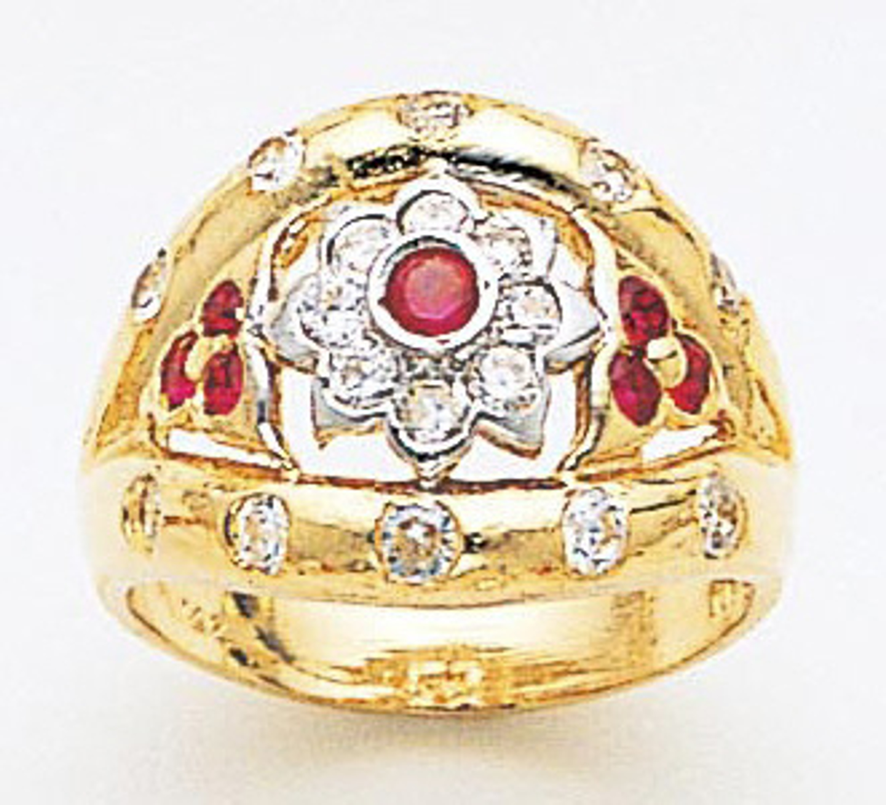 14k Gold Ladies 15mm Wide Synthetic Ruby Band with Cubic Zirconia Ring 14k Gold Ladies 15mm Wide Synthetic Ruby Band with Cubic Zirconia Ring