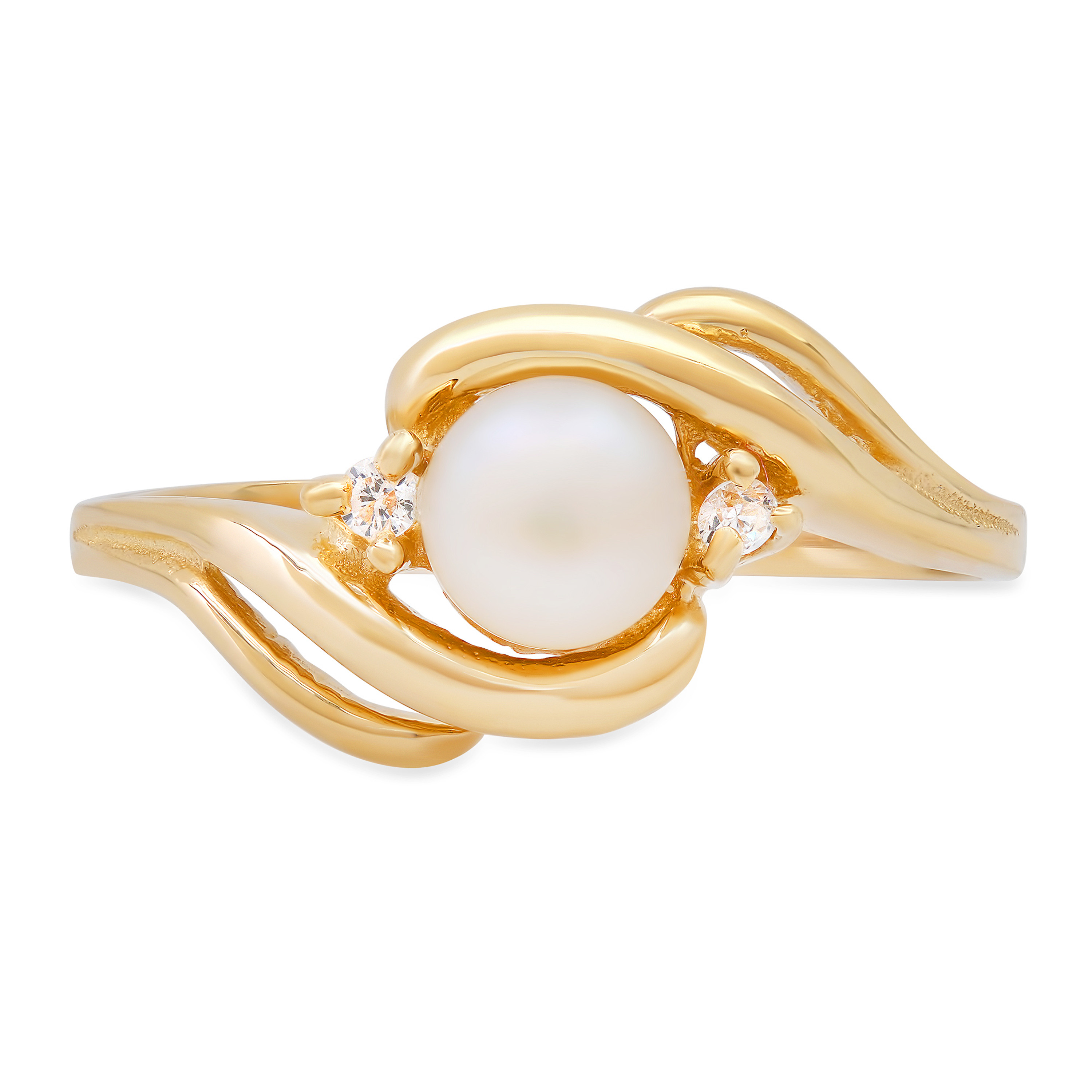 14k Gold Ladies 5mm White Cultured Pearl Ring With Cle
