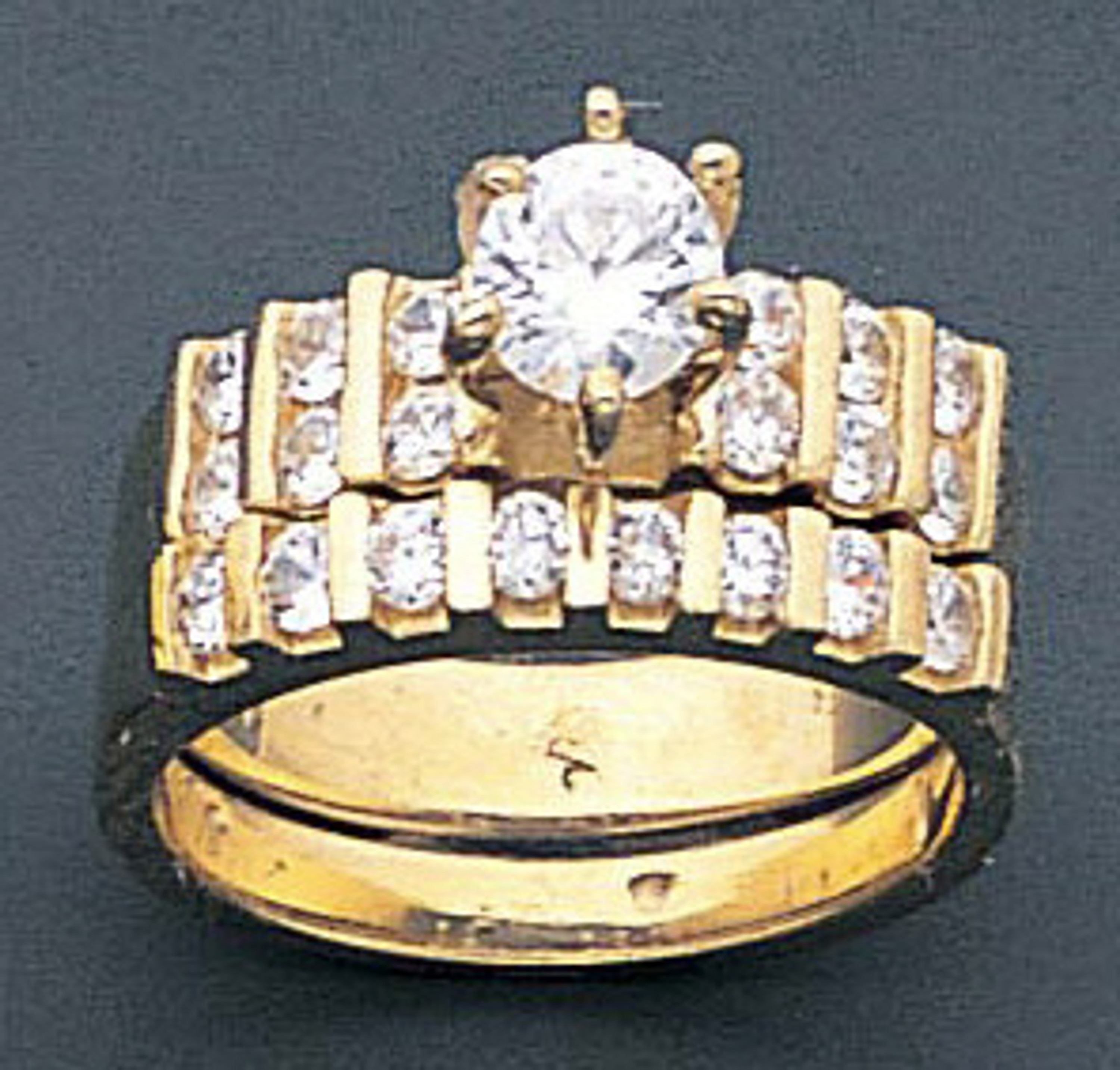 14k Yellow Gold 9mm Wide 1.45ct. Round Cubic Zirconia Wedding Set 14k Yellow Gold 9mm Wide 1.45ct. Round Cubic Zirconia Wedding Set
