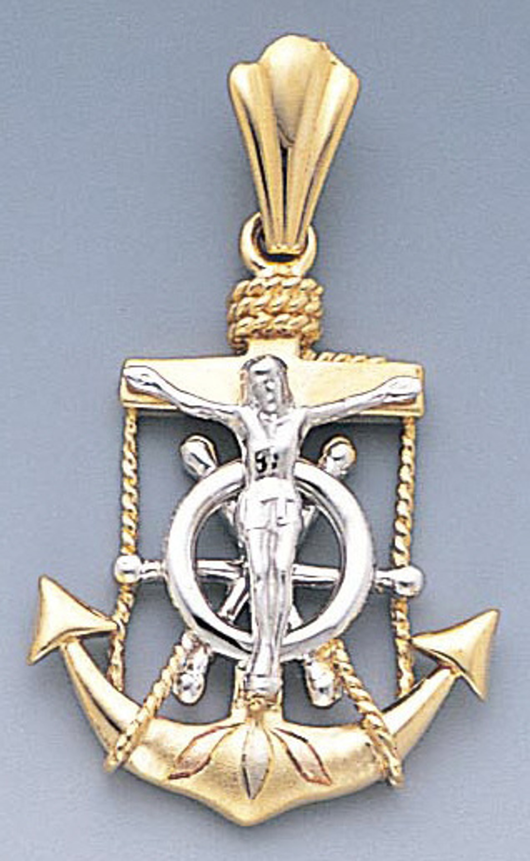 14k Gold Tri-color Fancy Mariner Anchor Cross 18 by 32mm Pendent 14k Gold Tri-color Fancy Mariner Anchor Cross 18 by 32mm Pendent