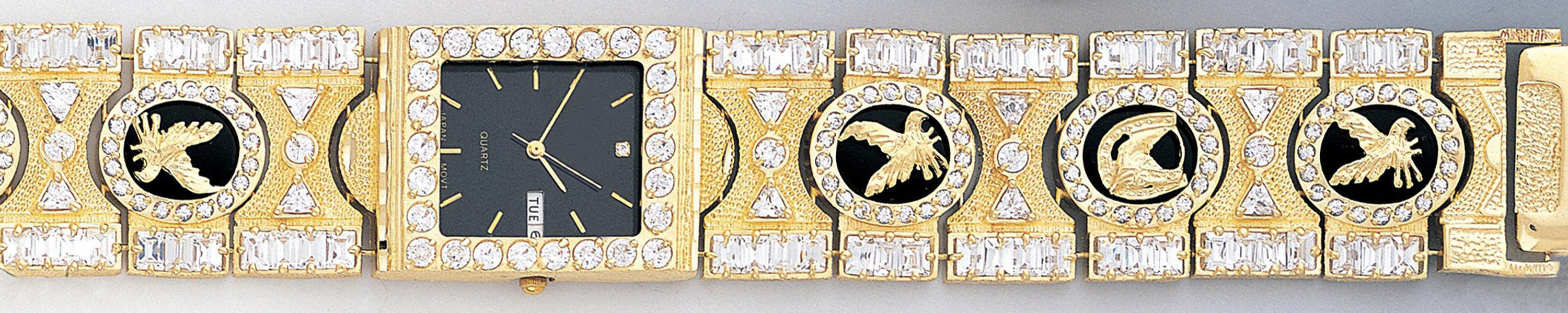 14k Yellow Gold 26mm Men's Watch With Cubic Zirconia And Onyx 14k Yellow Gold 26mm Men's Watch With Cubic Zirconia And Onyx