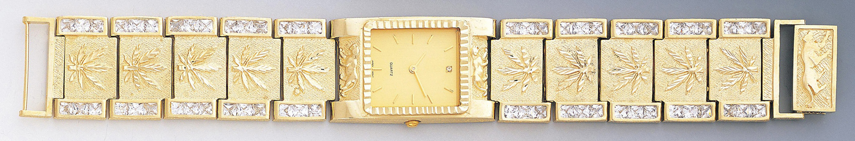 14k Yellow Gold 26mm Cannabis (Marijuana) Leaf Watch with Cz 14k Yellow Gold 26mm Cannabis (Marijuana) Leaf Watch with Cz