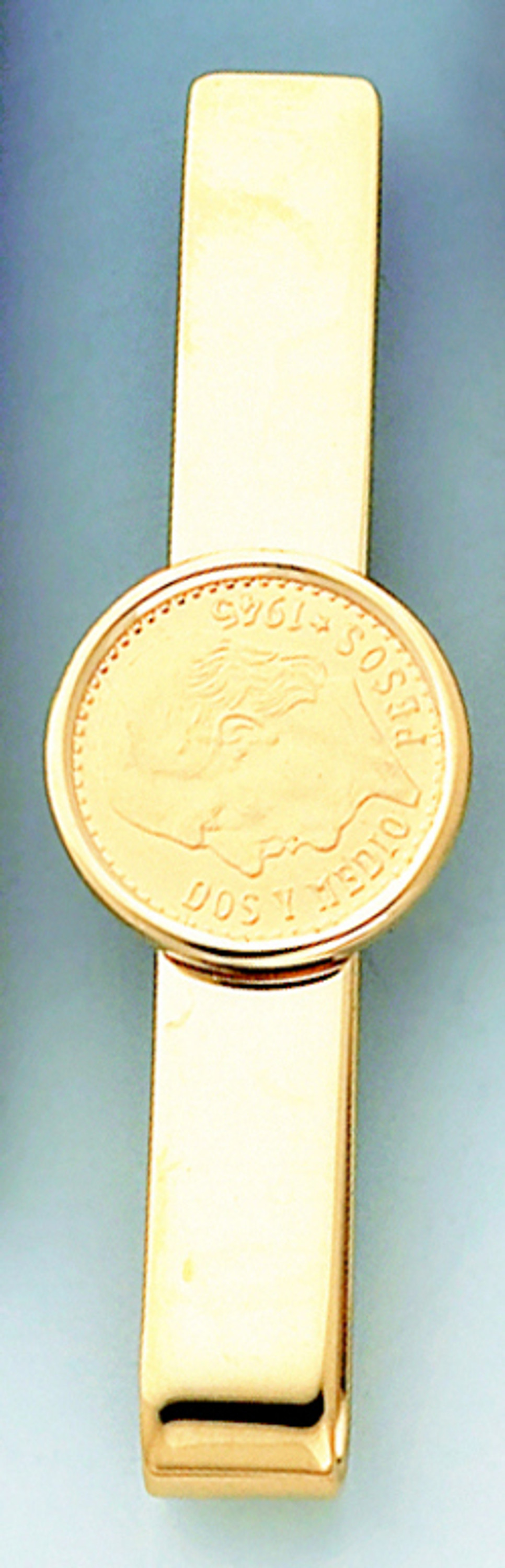 14k Gold Tie Bar With Spanish Two Peso Coin Accent