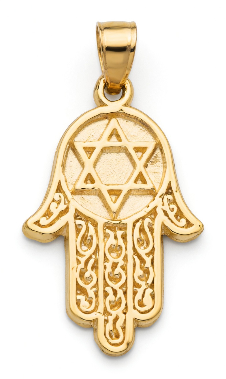 14K Yellow Gold Hamsa Hand with Star of David Pendant – 31.5mm