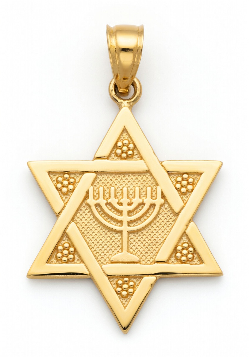 14k Gold 26.1mm  Star Of David Charm With Menorah In The Center