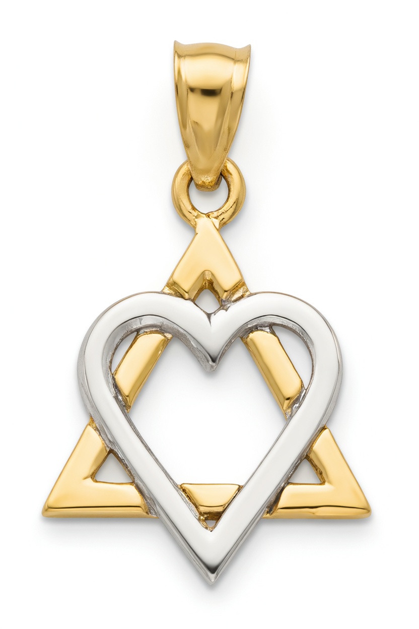 Two-Tone 14K Gold Heart & Star of David Pendant – 24mm