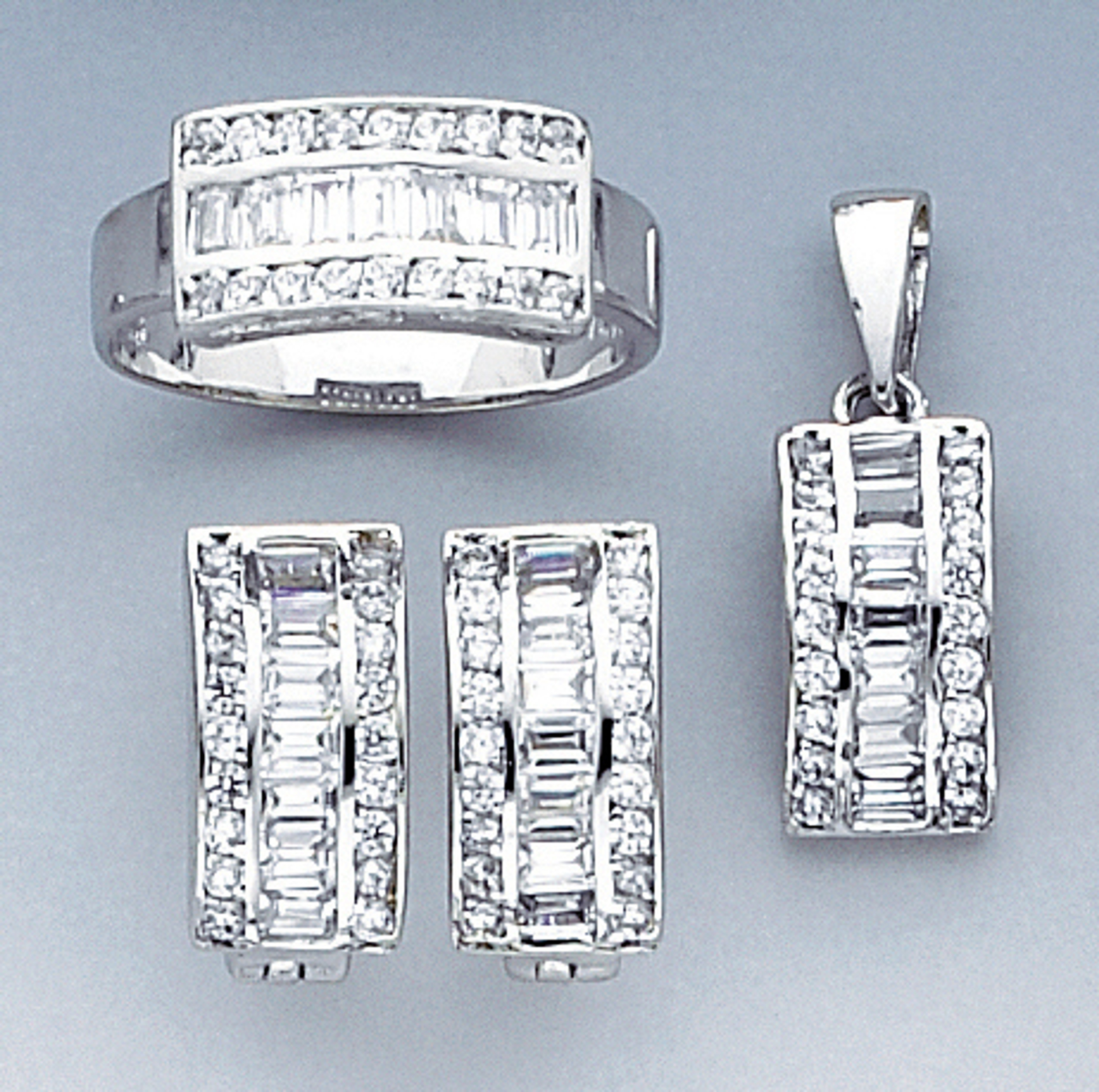 14k White Gold Pendant, Ring And Earrings Set With Cubic Zirconia --7204 14k White Gold Pendant, Ring And Earrings Set With Cubic Zirconia --7204