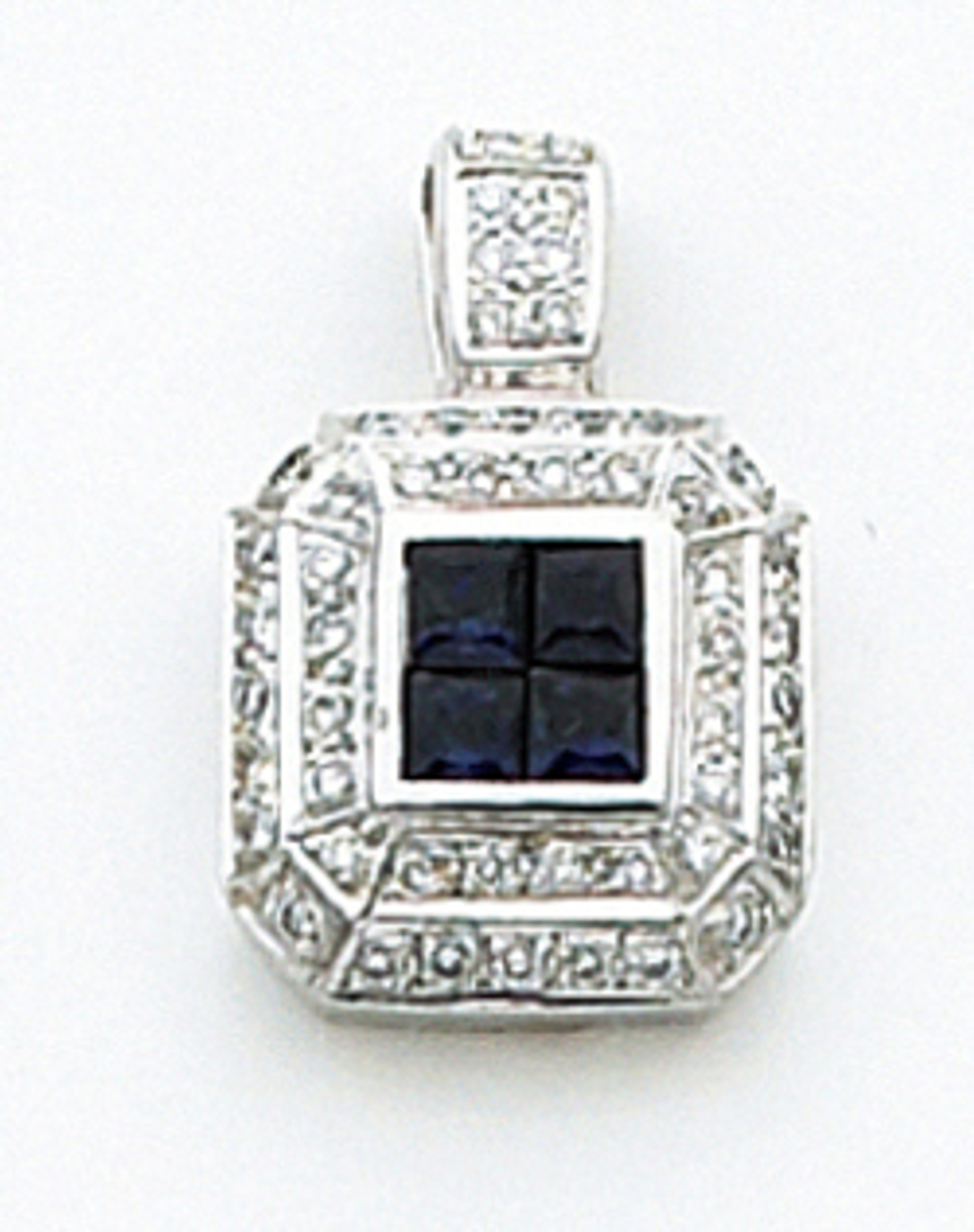 14k White Gold Sapphire Surounded By Diamond Square Pendant 0.24 ct. 14k White Gold Sapphire Surounded By Diamond Square Pendant 0.24 ct.