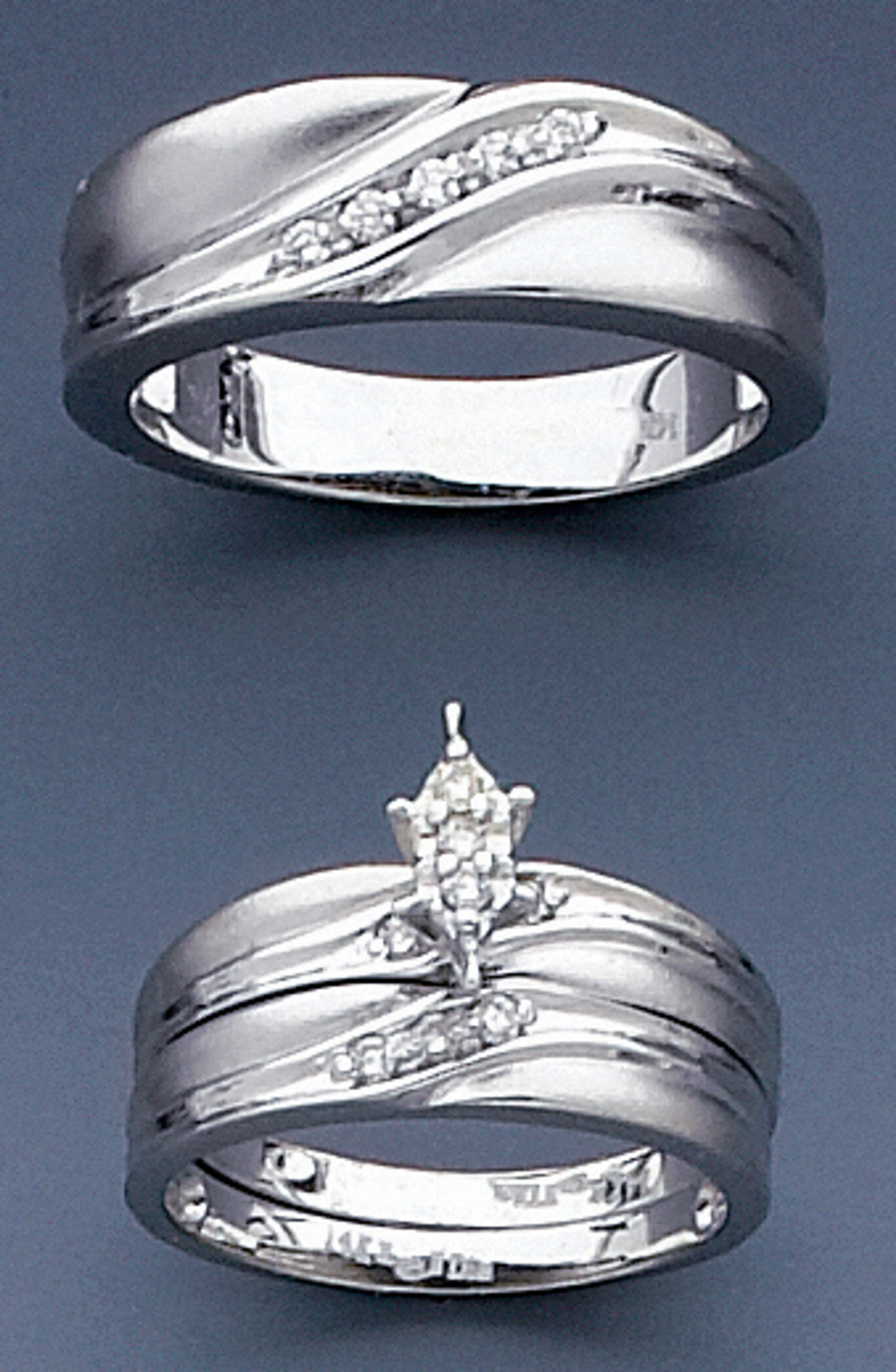 14k White Gold Matching Trio Wedding Bands With Round Diamonds -- 8076 14k White Gold Matching Trio Wedding Bands With Round Diamonds -- 8076