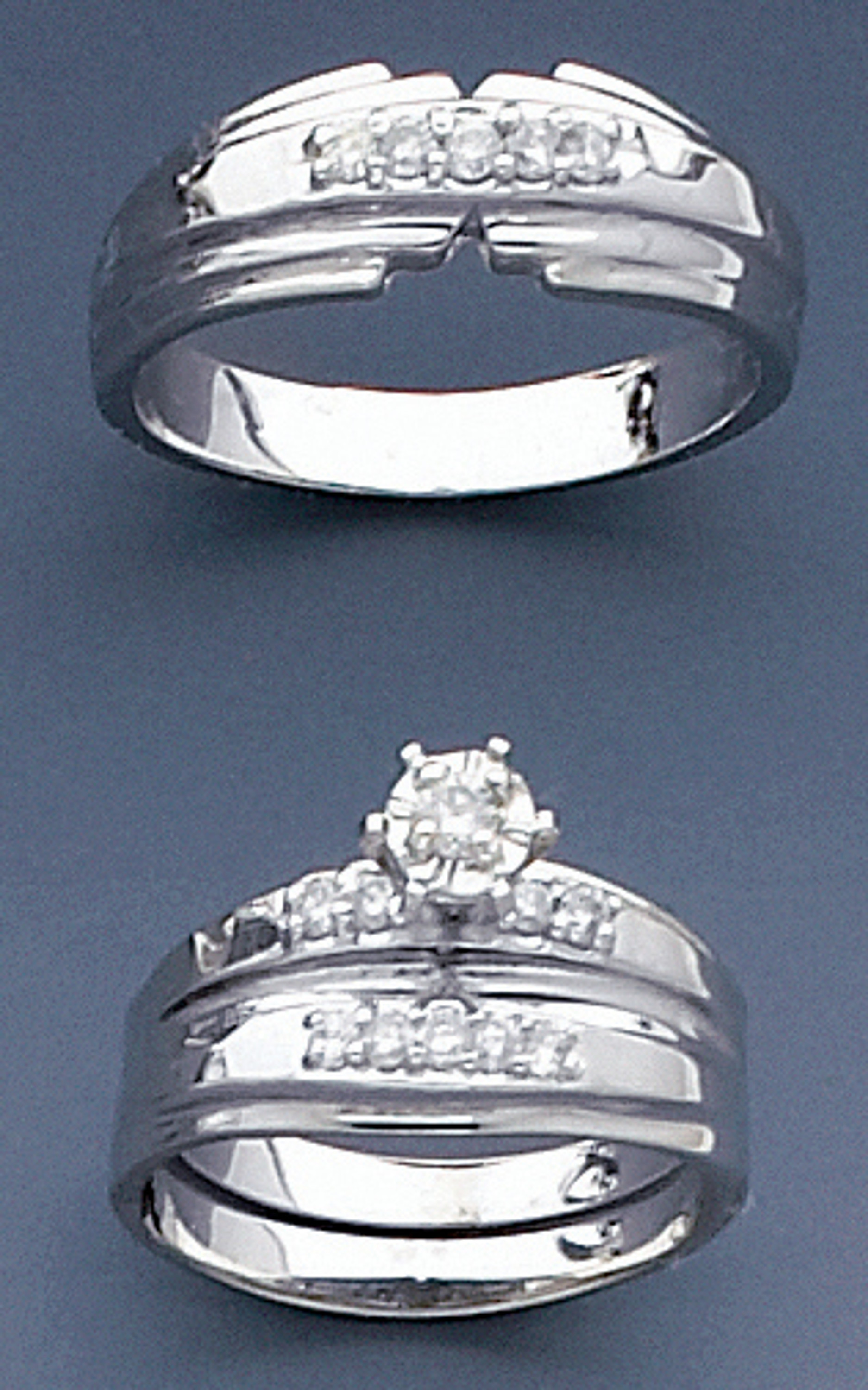 14k White Gold Matching Trio Wedding Bands With Round Diamonds -- 8079