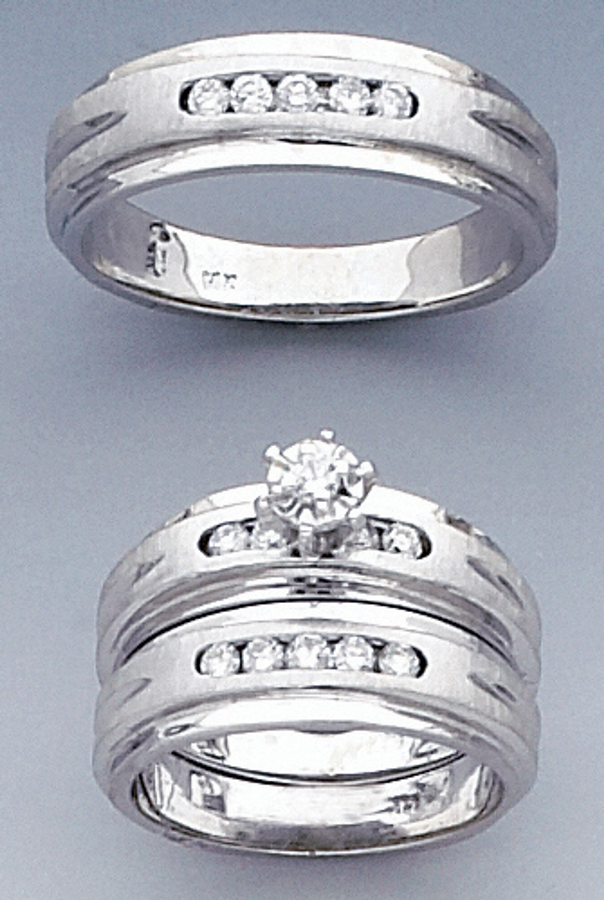 14k White Gold Matching Trio Wedding Bands With Round Diamonds -- 8081 14k White Gold Matching Trio Wedding Bands With Round Diamonds -- 8081