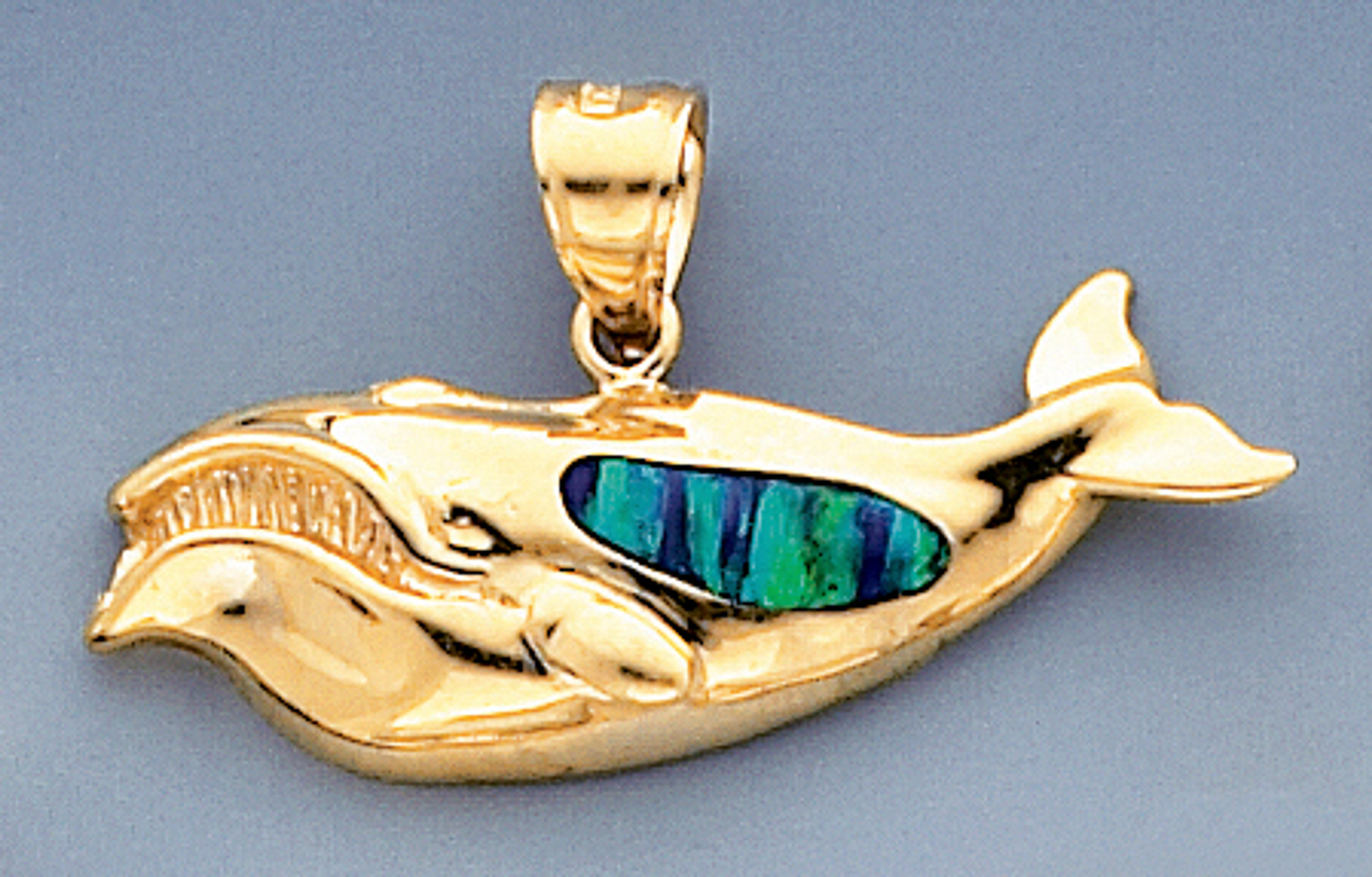 14k Gold 20mm Whale Pendant With Inlaid Opal 14k Gold 20mm Whale Pendant With Inlaid Opal