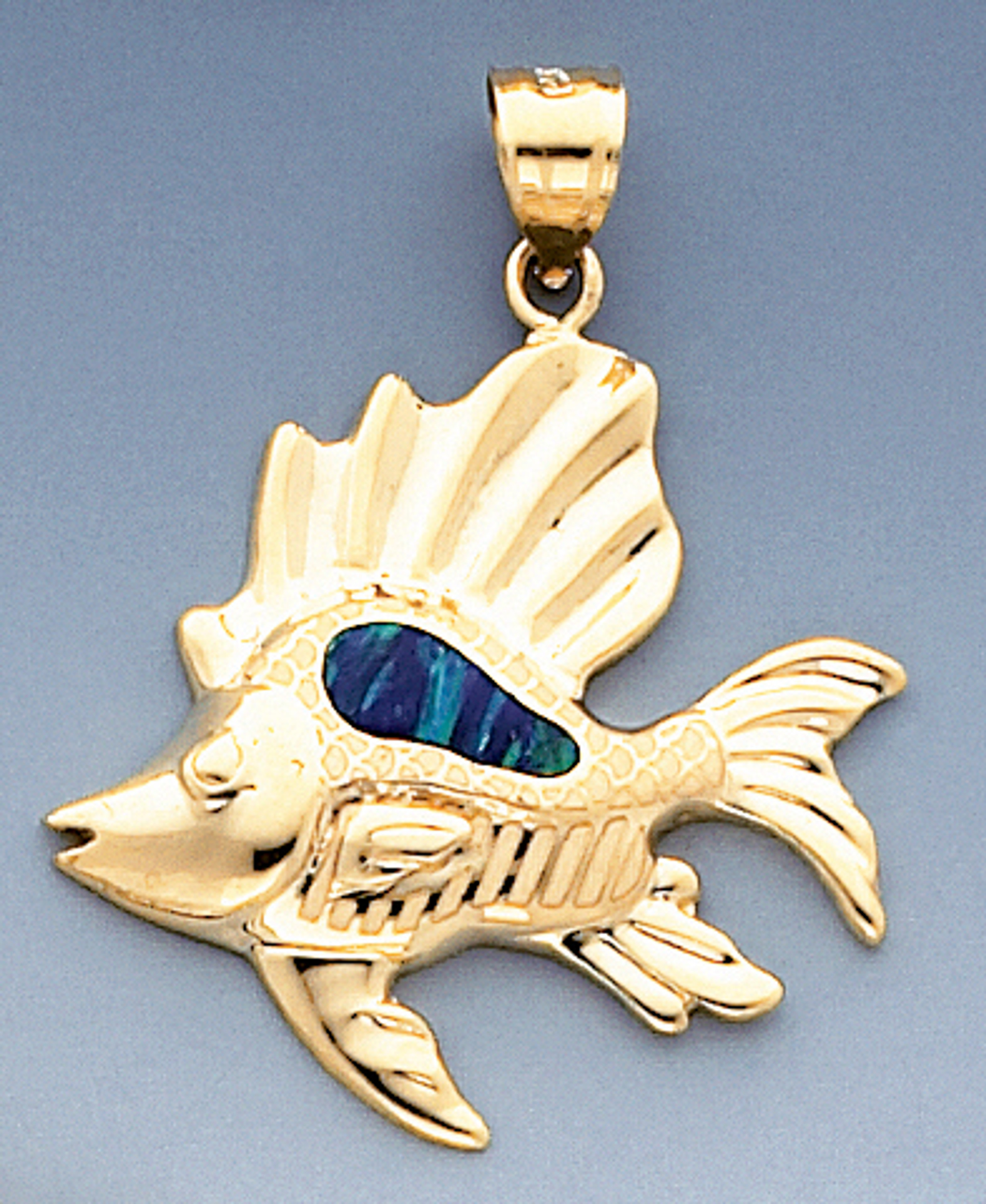 14k Gold 26.7mm Exotic Fish Pendant With Inlaid Opal 14k Gold 26.7mm Exotic Fish Pendant With Inlaid Opal