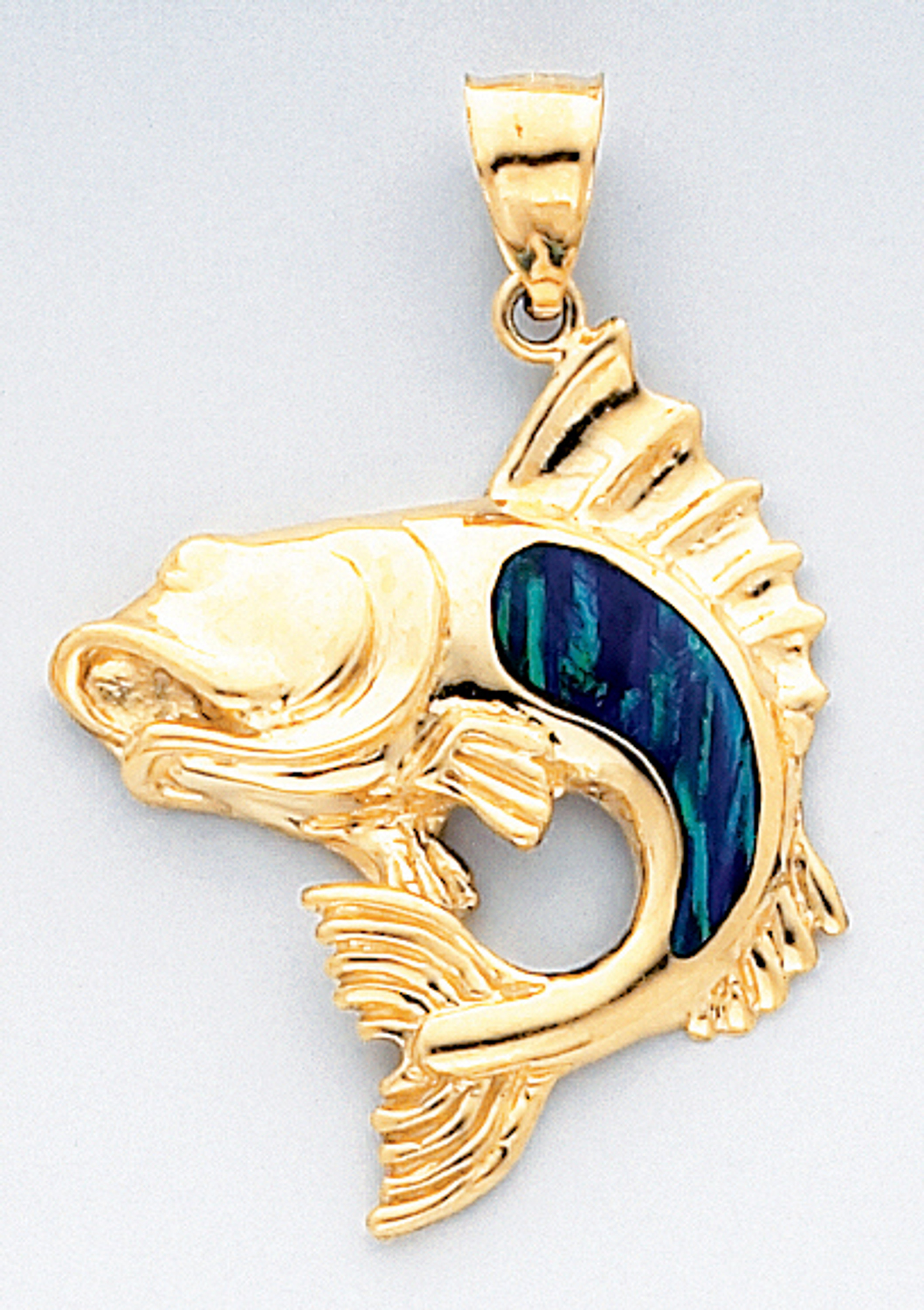14k Yellow Gold Large Bass Fish Pendant With Inlaid Opal | Sarraf.com