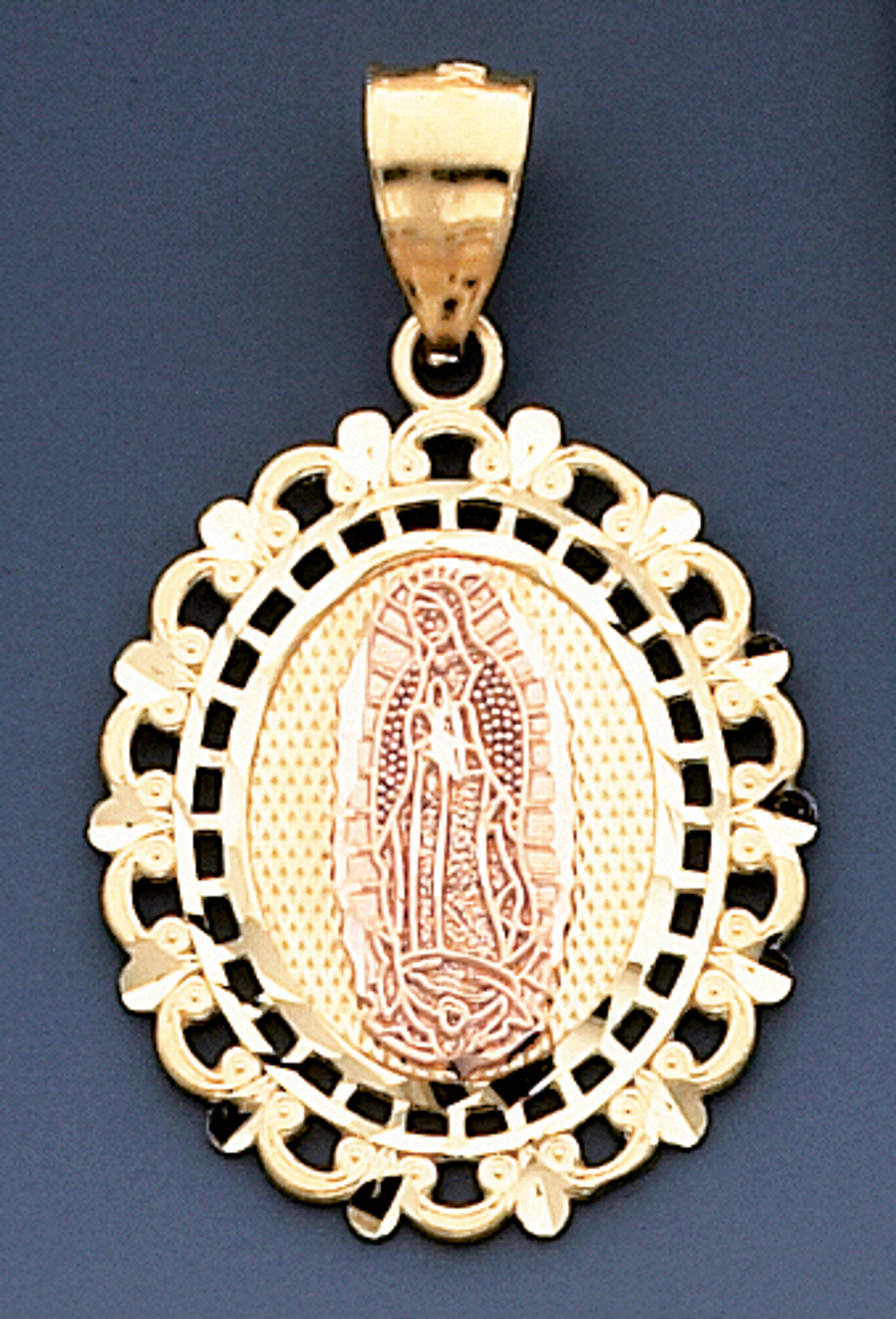 14k Tri Color Gold 38.21mm by 24.48mm Diamond Cut Our Lady Of Guadalupe Charm 14k Tri Color Gold 38.21mm by 24.48mm Diamond Cut Our Lady Of Guadalupe Charm