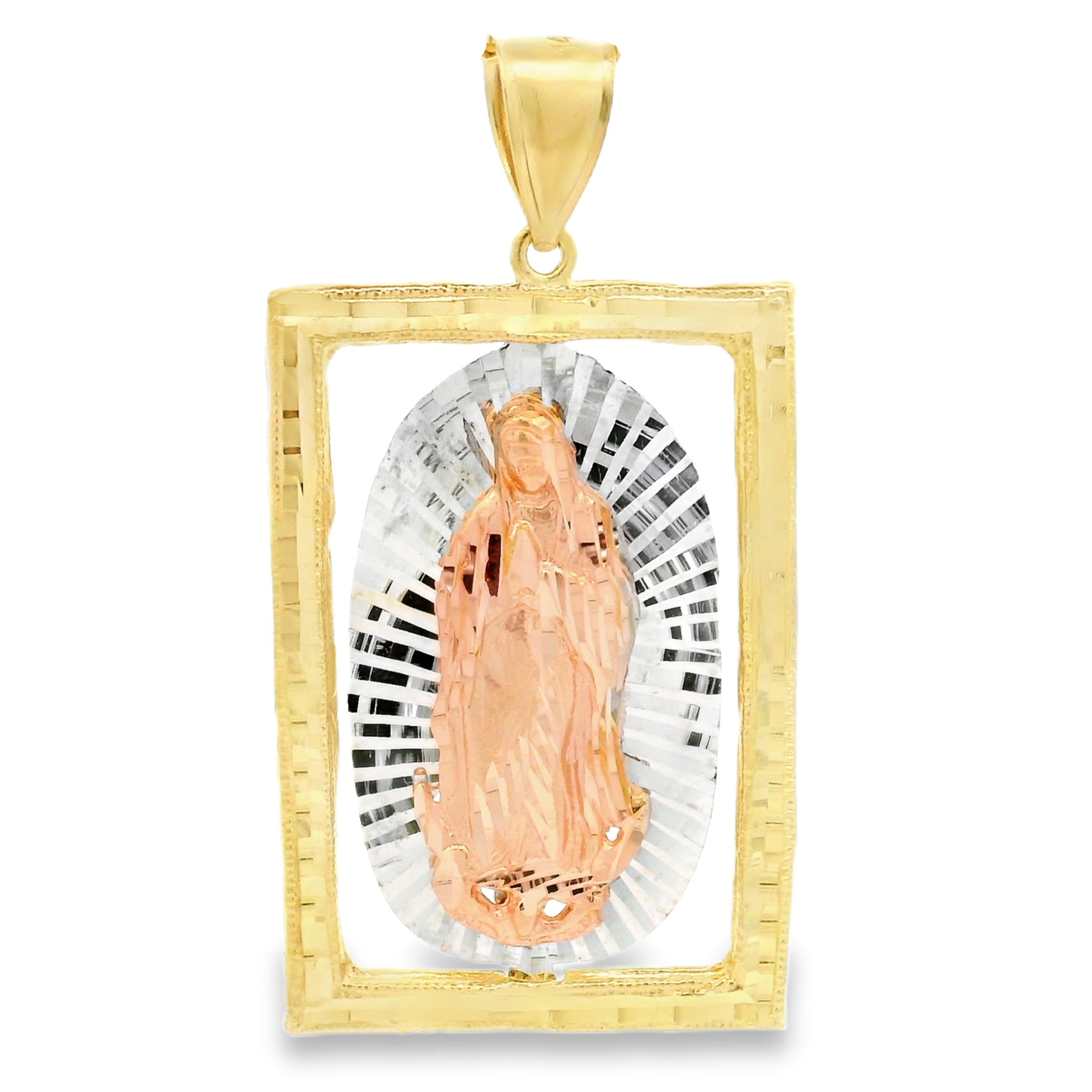 14k Tri Color Gold 60mm Diamond Cut Square Our Lady Of Guadalupe Pendant 14k Tri Color Gold 60mm Diamond Cut Square Our Lady Of Guadalupe Pendant