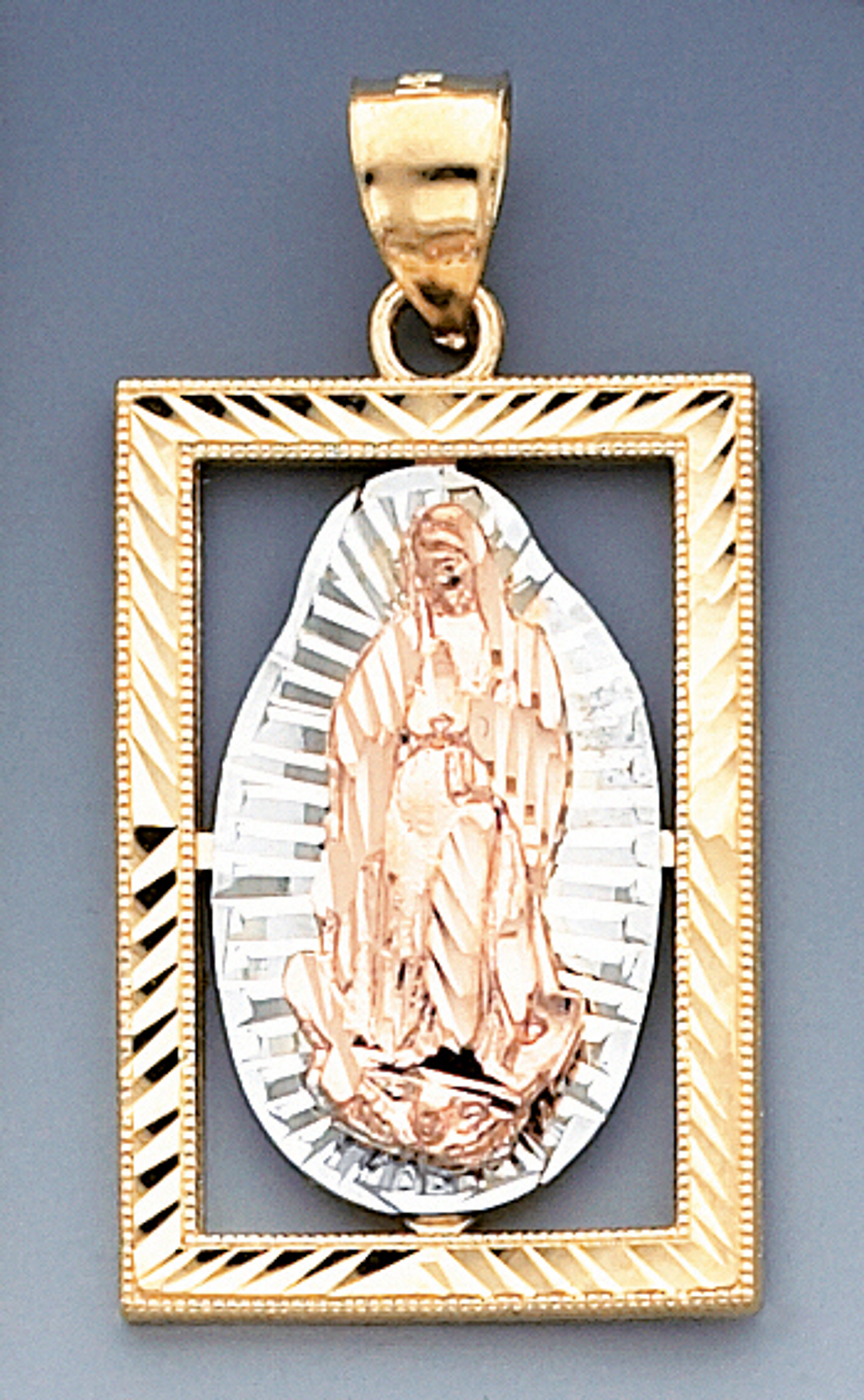 14k Tri Color Gold 43.6mm Diamond Cut Square Our Lady Of Guadalupe Pendant 14k Tri Color Gold 43.6mm Diamond Cut Square Our Lady Of Guadalupe Pendant