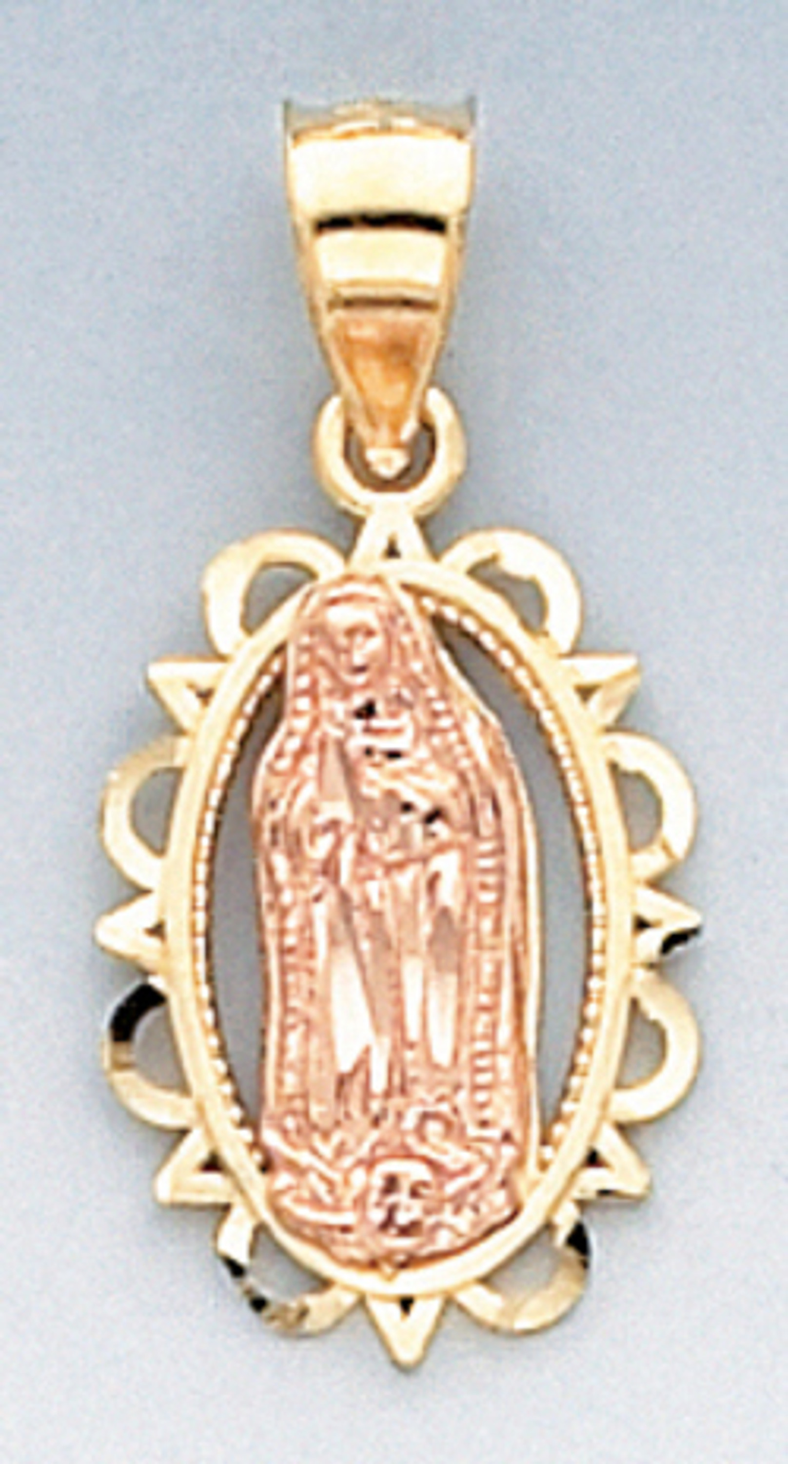 14k Tri Color Gold 24.96mm by 12.49mm Diamond Cut Our Lady Of Guadalupe Charm 14k Tri Color Gold 24.96mm by 12.49mm Diamond Cut Our Lady Of Guadalupe Charm