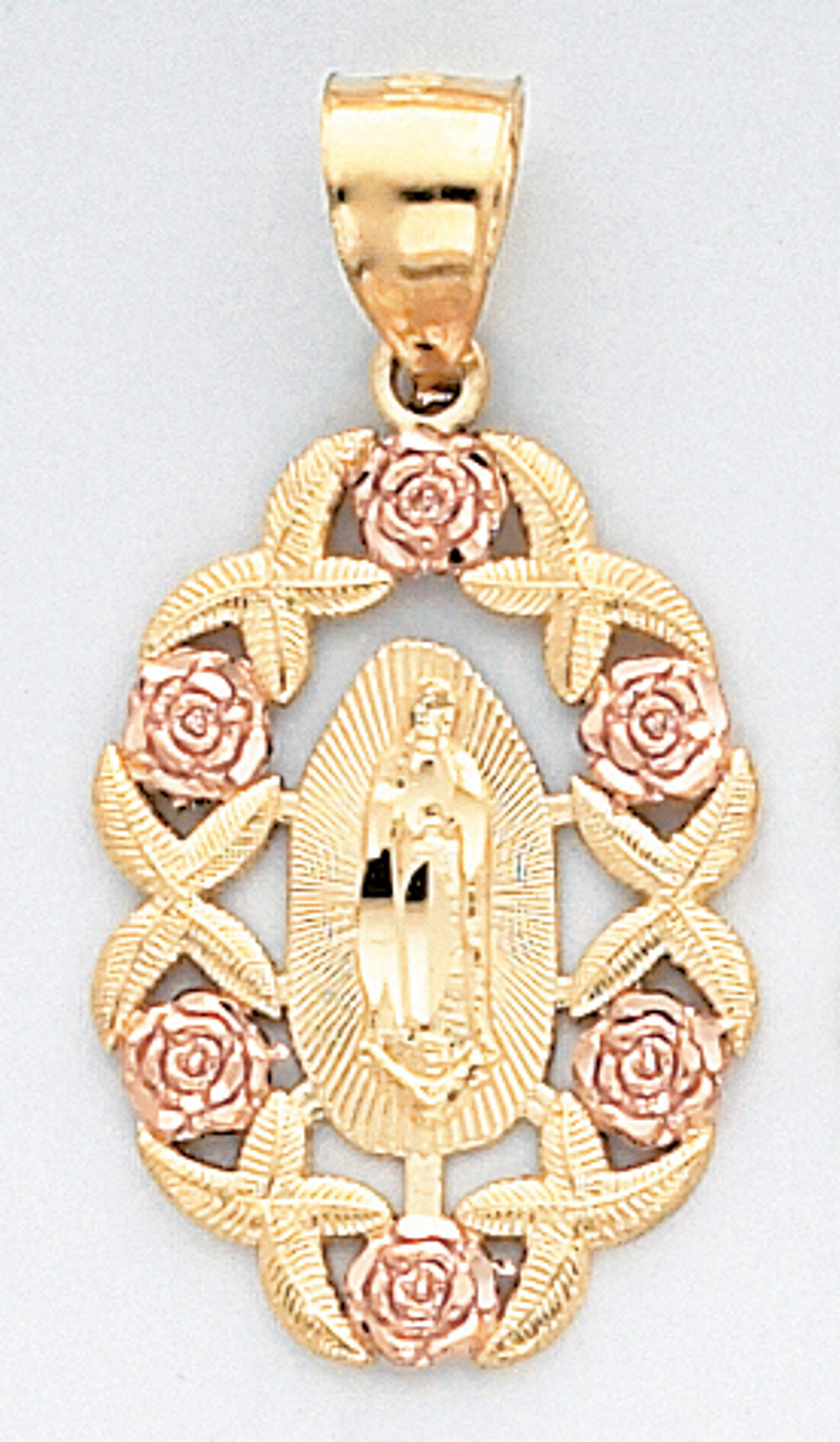 14K Tri Color Gold 36mm Diamond Cut Our Lady Of Guadalupe With Roses 14K Tri Color Gold 36mm Diamond Cut Our Lady Of Guadalupe With Roses