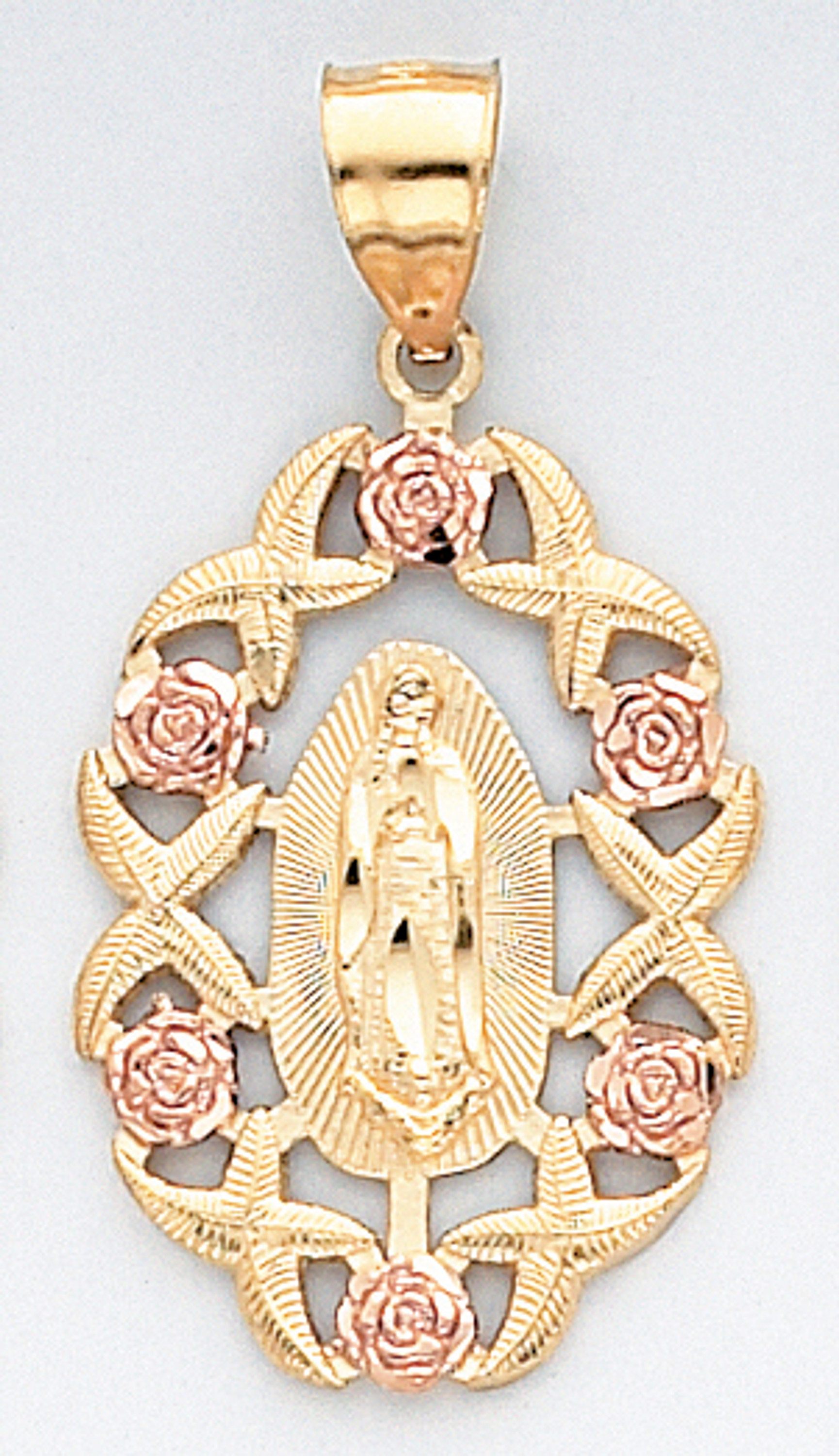 14K Tri Color Gold 40mm Diamond Cut Our Lady Of Guadalupe With Roses 14K Tri Color Gold 40mm Diamond Cut Our Lady Of Guadalupe With Roses