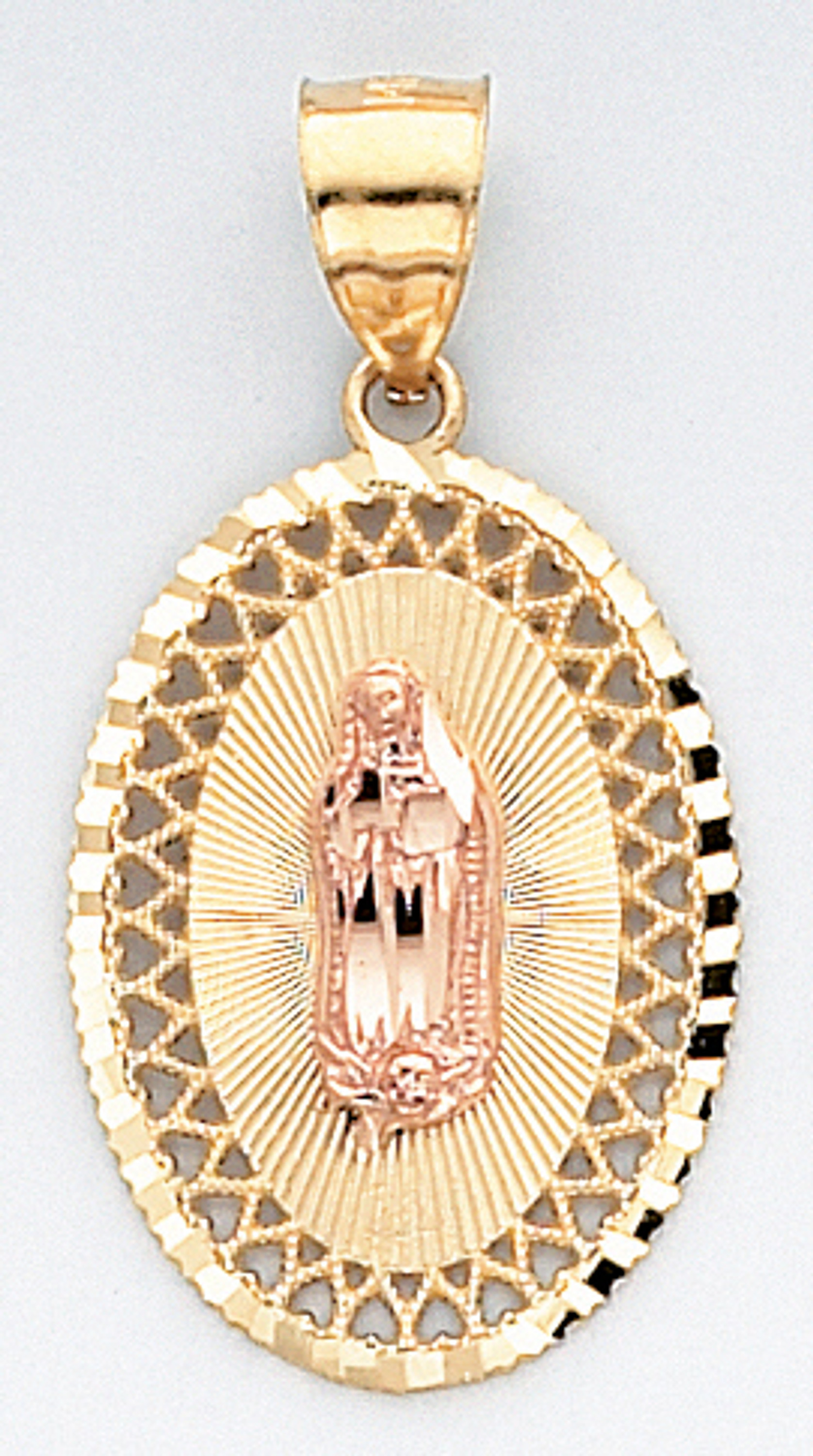 14k Tri Color Gold 37.12mm by 18.93mm Diamond Cut Our Lady Of Guadalupe Charm 14k Tri Color Gold 37.12mm by 18.93mm Diamond Cut Our Lady Of Guadalupe Charm
