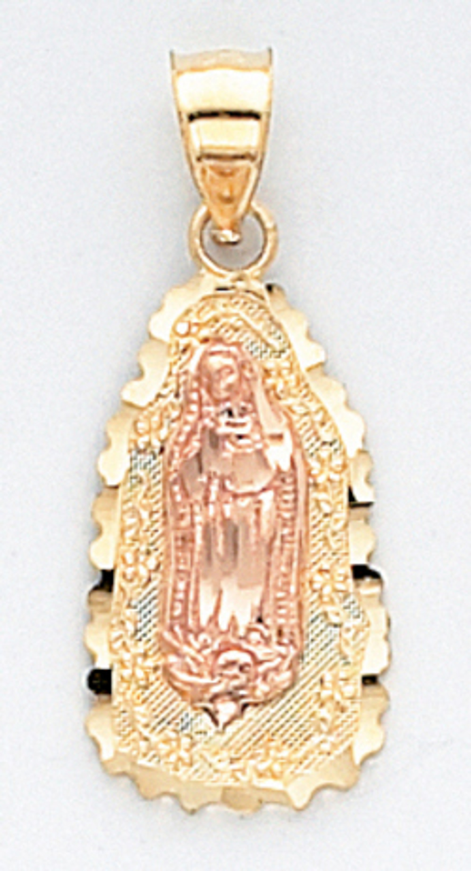14k Tri Color Gold 27.61mm by 11.74mm Diamond Cut Our Lady Of Guadalupe Charm 14k Tri Color Gold 27.61mm by 11.74mm Diamond Cut Our Lady Of Guadalupe Charm