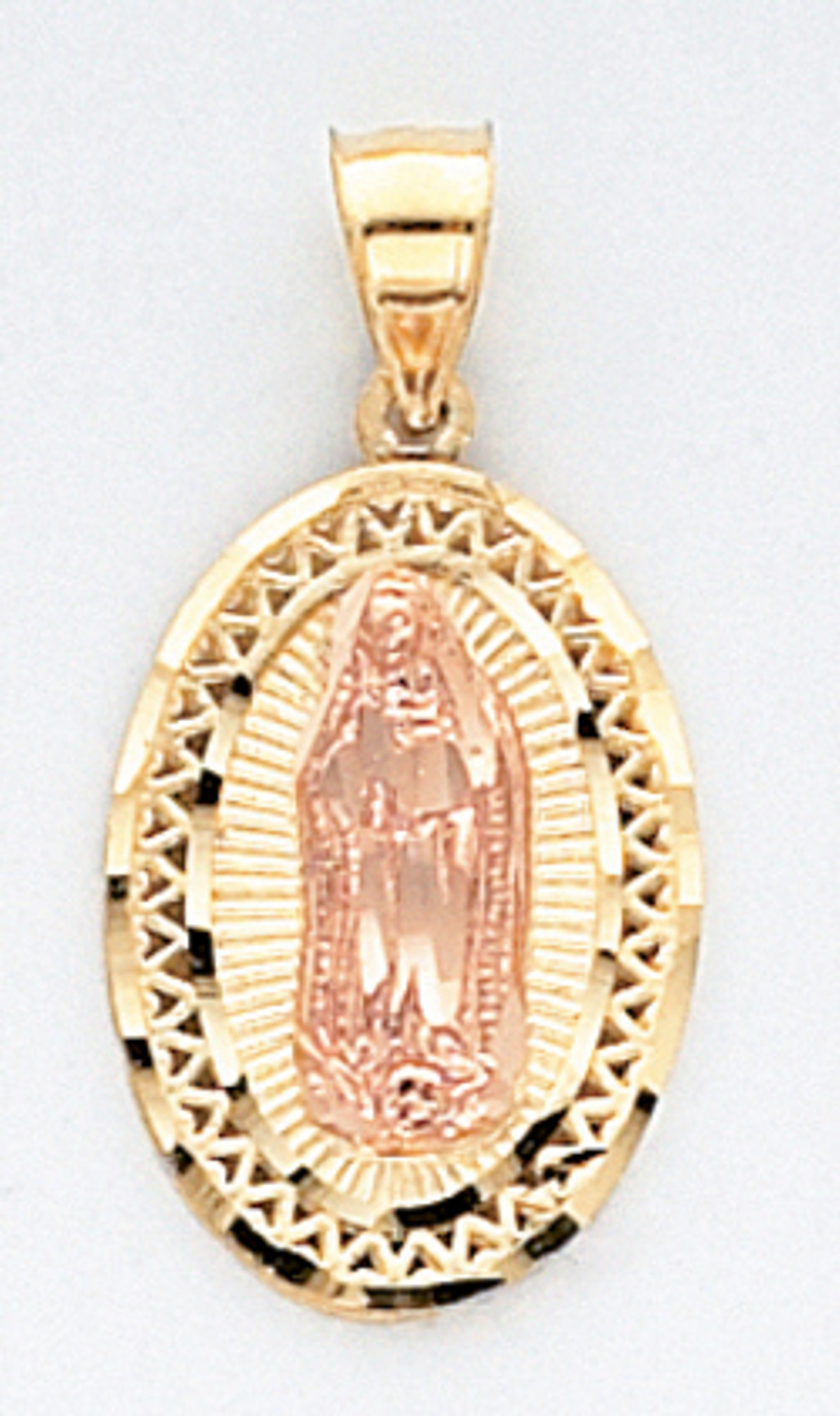 14k Tri Color Gold 27.61mm by 13.54mm Diamond Cut Our Lady Of Guadalupe Charm 14k Tri Color Gold 27.61mm by 13.54mm Diamond Cut Our Lady Of Guadalupe Charm