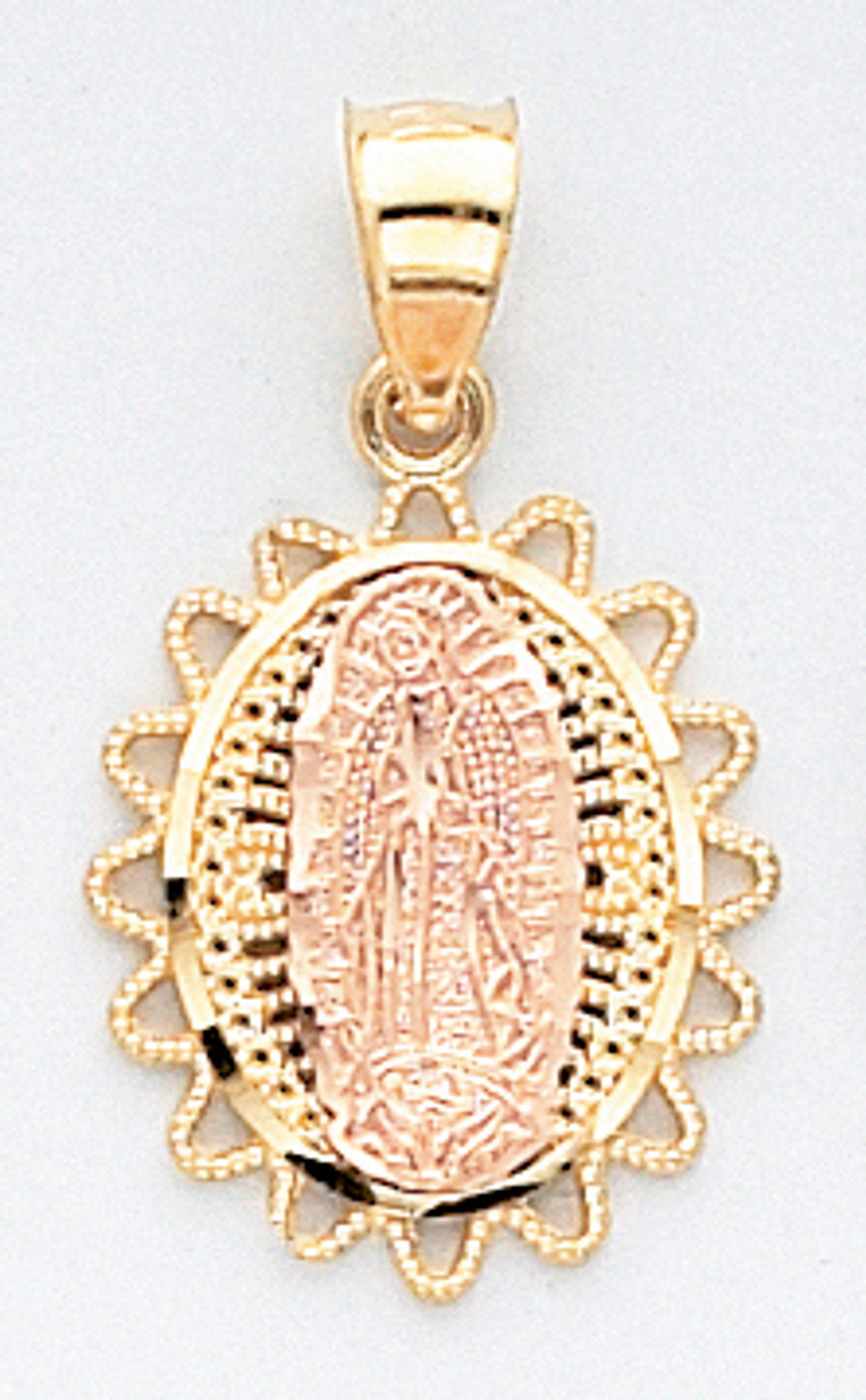 14k Tri Color Gold 26.19mm by 14.94mm Diamond Cut Our Lady Of Guadalupe Charm 14k Tri Color Gold 26.19mm by 14.94mm Diamond Cut Our Lady Of Guadalupe Charm