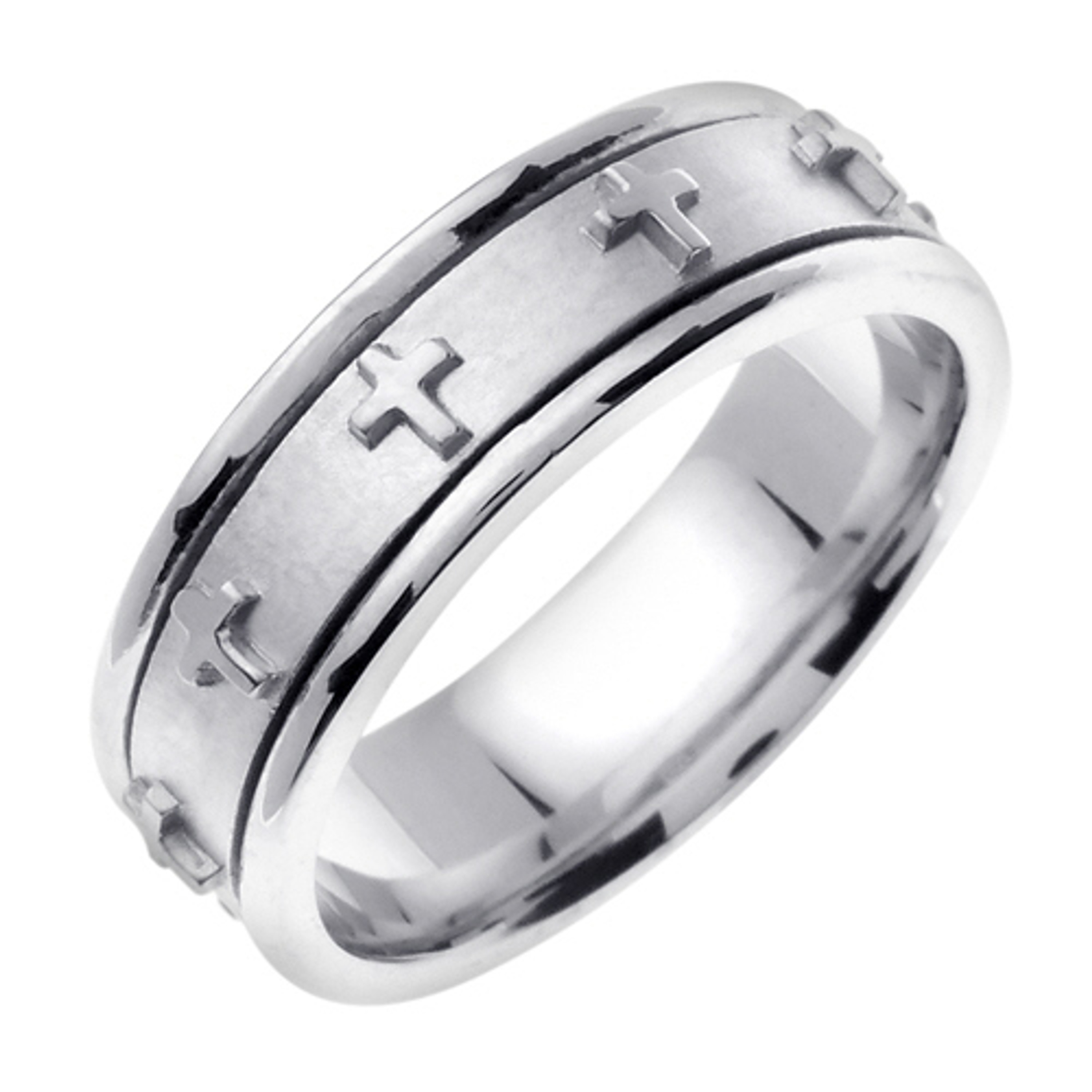 14k White Gold 7mm  Handmade Wedding Band With Crosses 14k White Gold 7mm  Handmade Wedding Band With Crosses