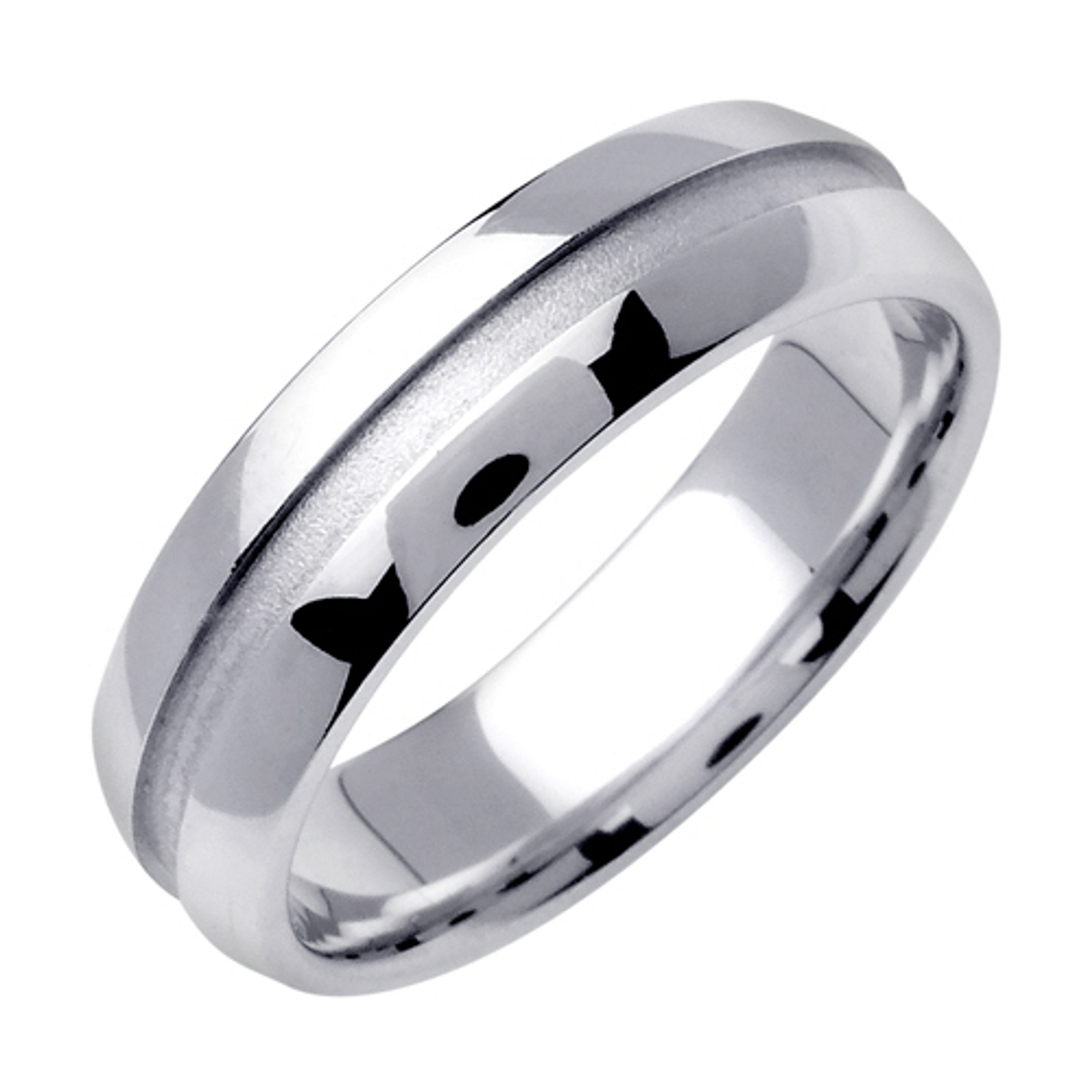 14K White Gold 6.5mm Wide Polished Finished Edge With Brushed Fished Carved Out Center Wedding Band 14K White Gold 6.5mm Wide Polished Finished Edge With Brushed Fished Carved Out Center Wedding Band