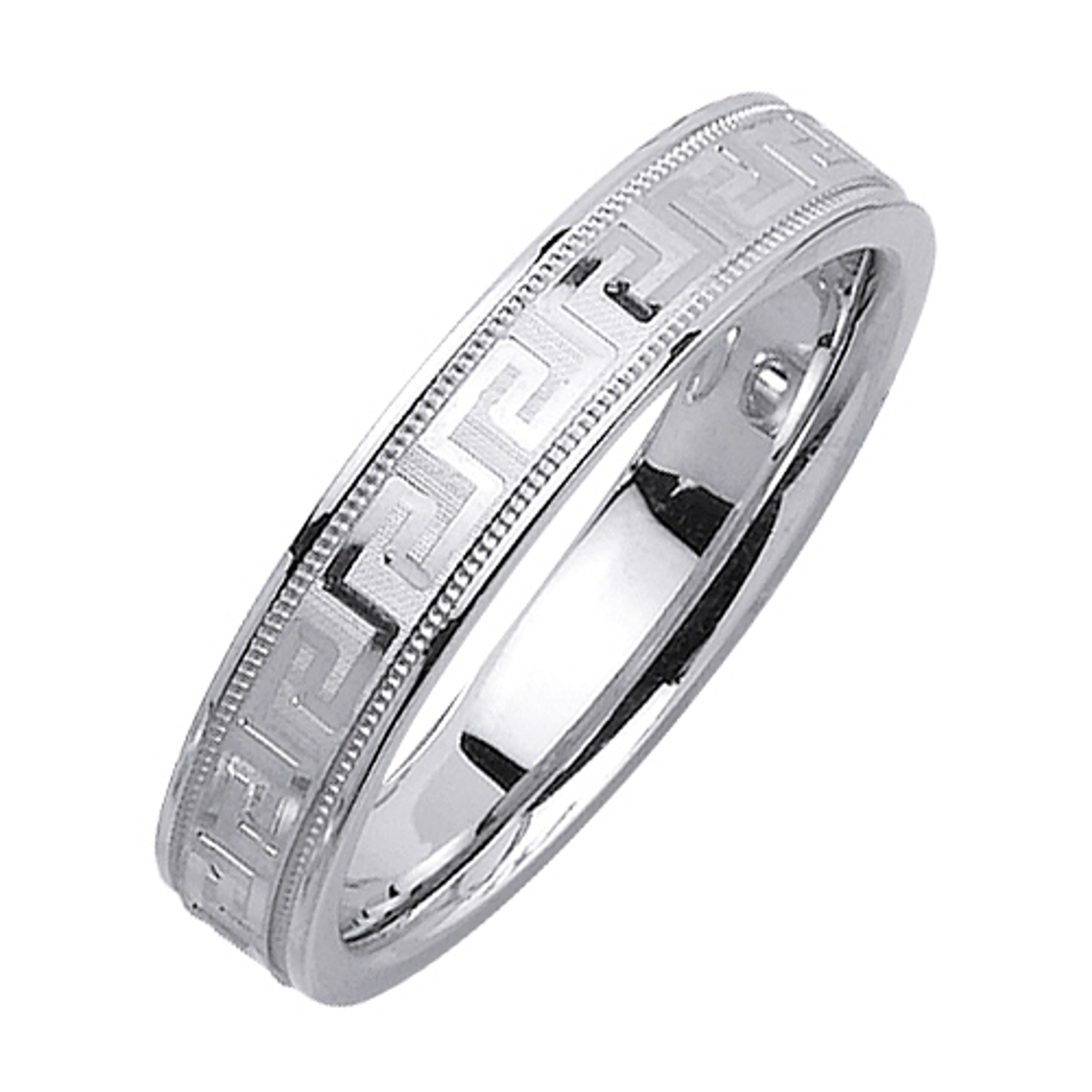 14K White Gold 4mm Wide Brushed Finish Center With Center Greek Design Wedding Band 14K White Gold 4mm Wide Brushed Finish Center With Center Greek Design Wedding Band