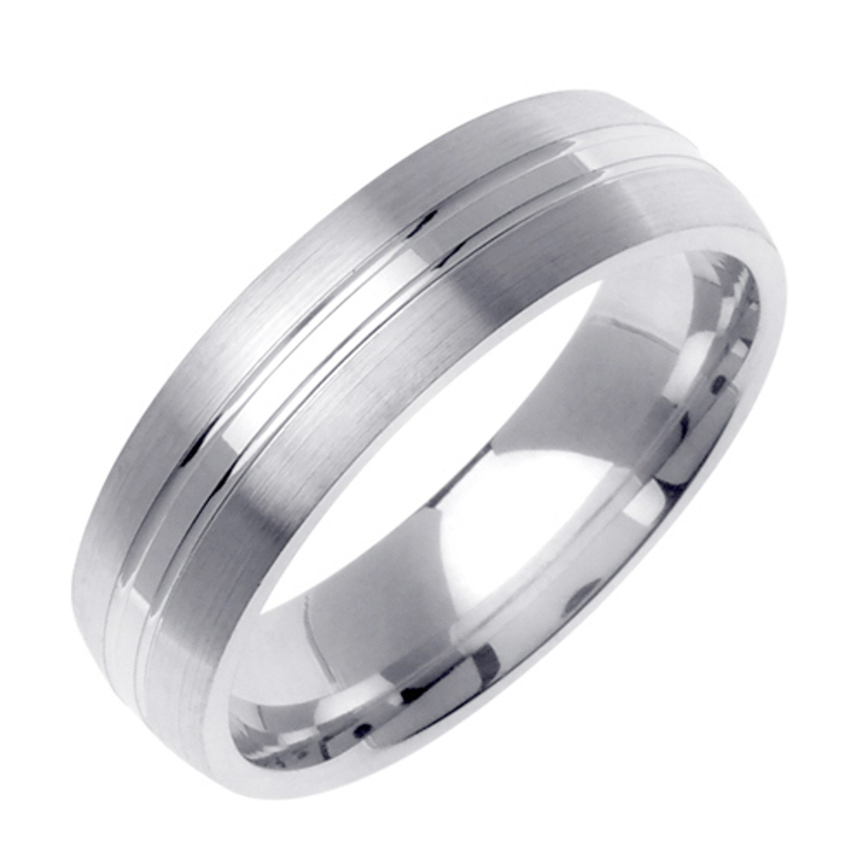 14K White Gold 6mm Wide Brushed Finished  Center With Center Polished Row Wedding Band 14K White Gold 6mm Wide Brushed Finished  Center With Center Polished Row Wedding Band