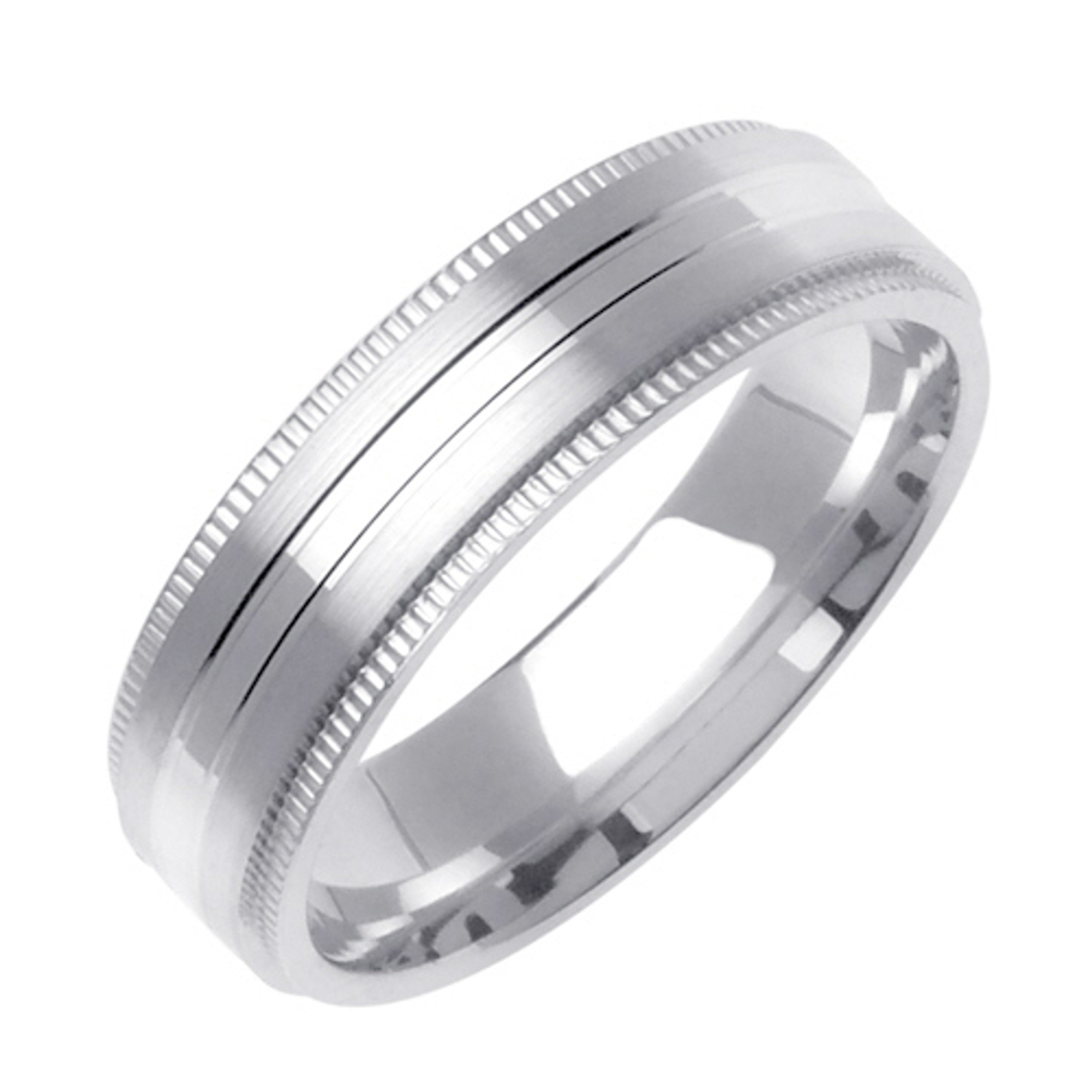 14K White Gold 6mm Wide 2 Rows Of Milgrain With 2 Rows Of Brushed Finish Wedding Band 14K White Gold 6mm Wide 2 Rows Of Milgrain With 2 Rows Of Brushed Finish Wedding Band