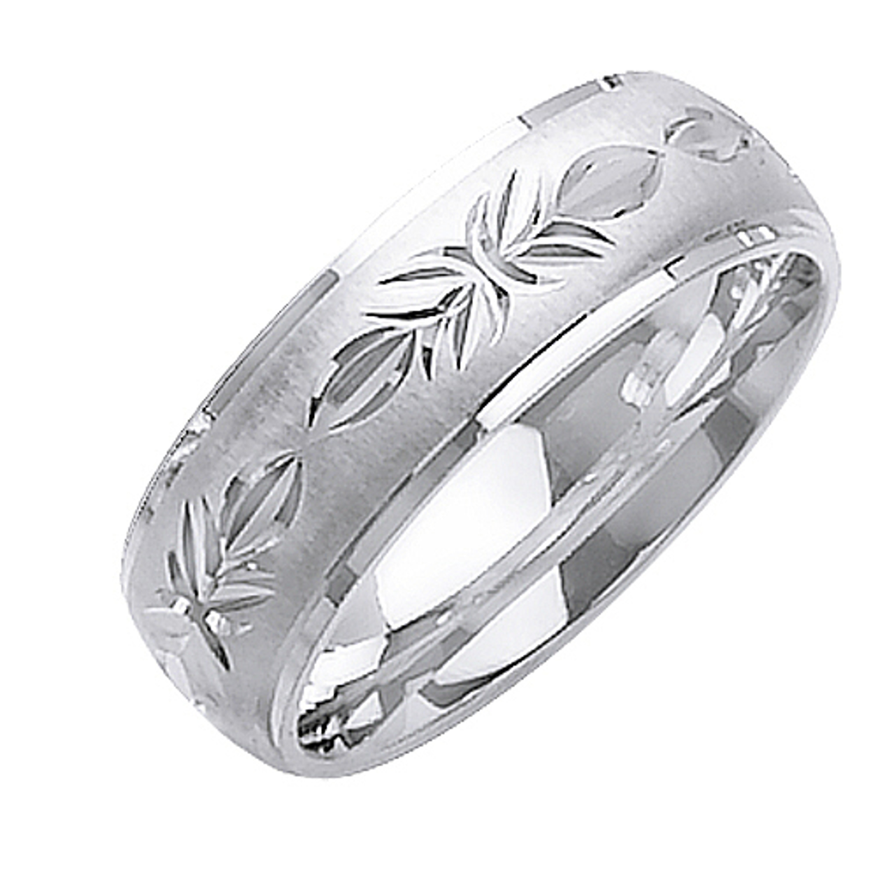 14K White Gold 7mm Wide Rustic Floral Pattern Wedding Band 14K White Gold 7mm Wide Rustic Floral Pattern Wedding Band