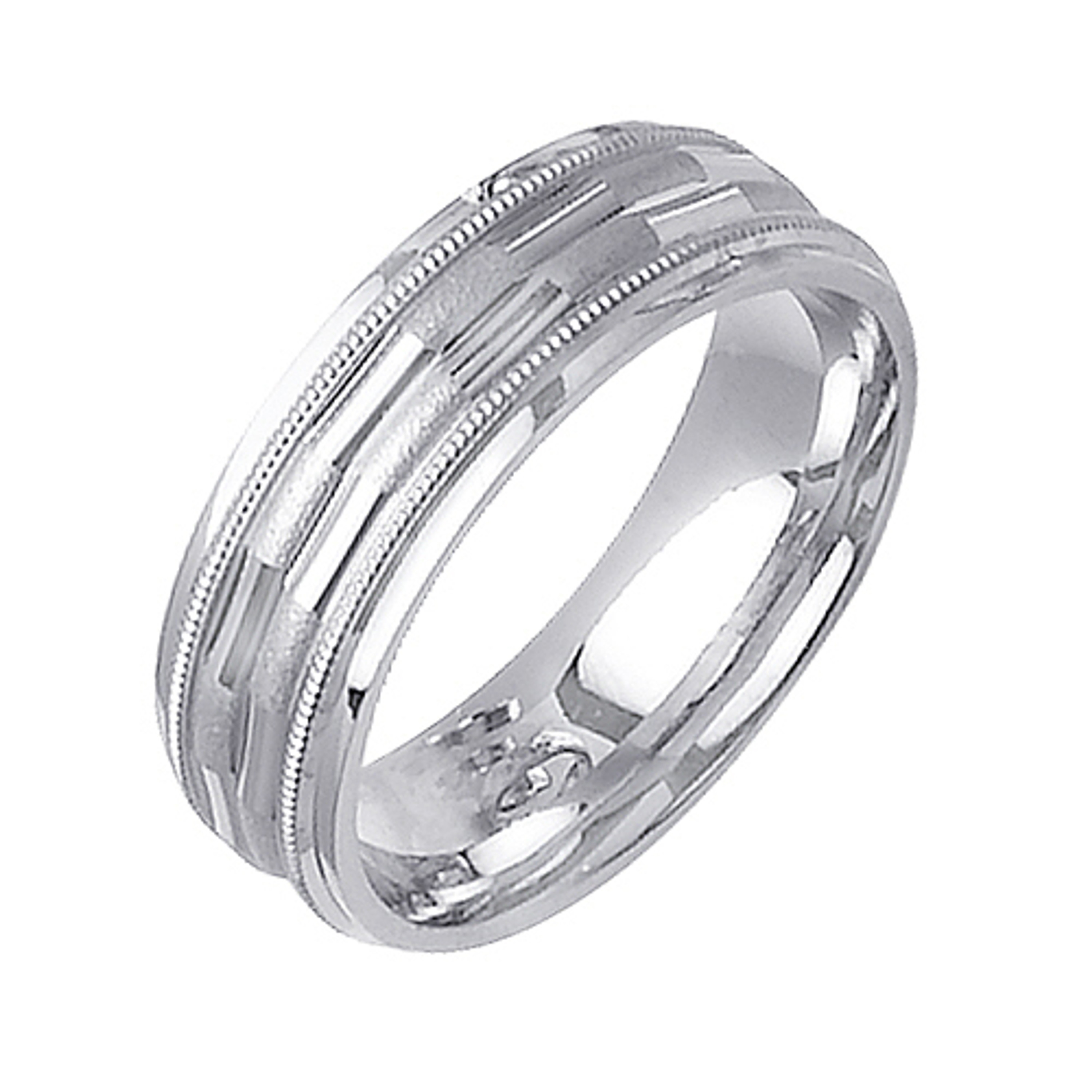 14K White Gold 7mm Wide Matte Finish Faceted Milgrain Wedding Band 14K White Gold 7mm Wide Matte Finish Faceted Milgrain Wedding Band