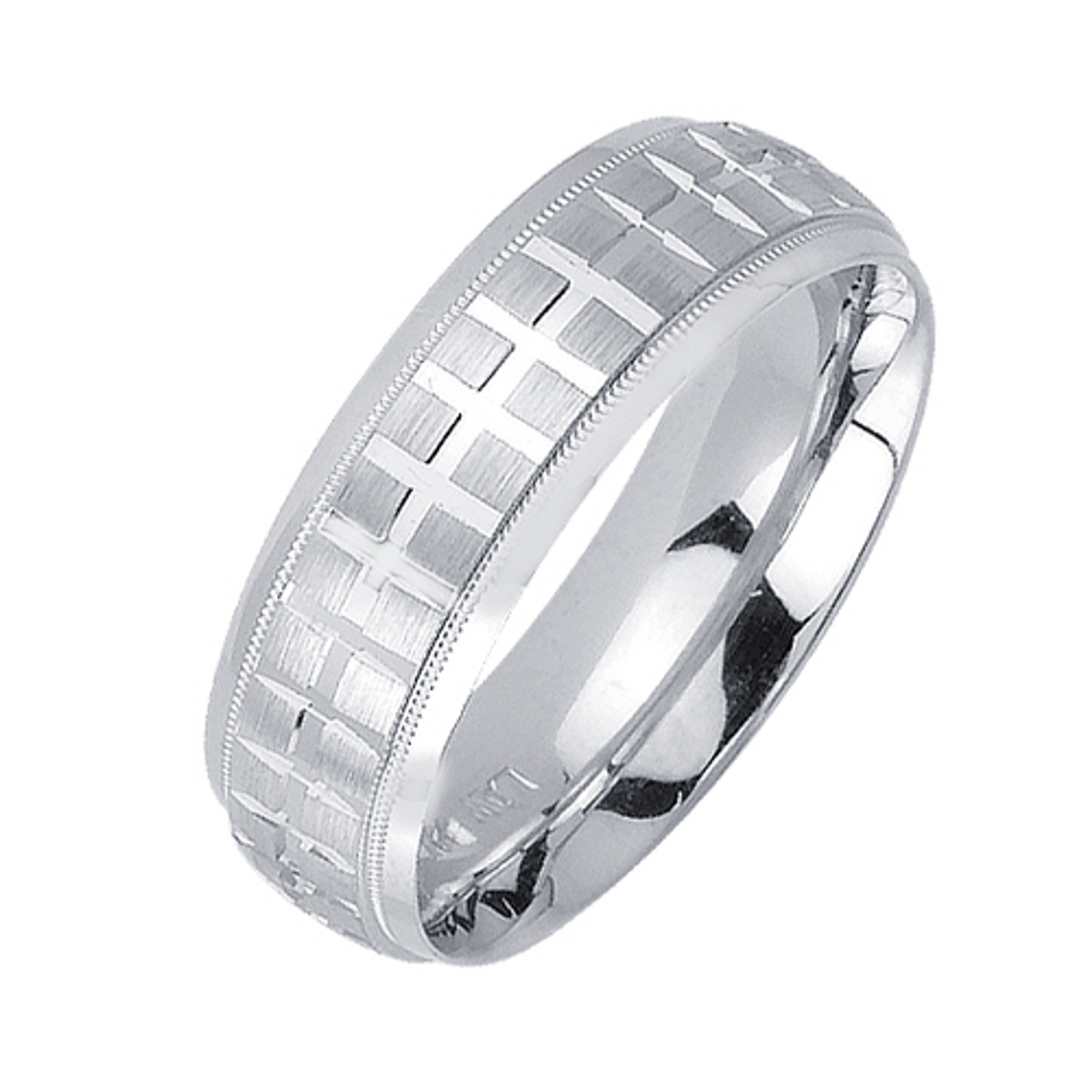 14K White Gold 7mm Wide Cross Patteren Wedding Band 14K White Gold 7mm Wide Cross Patteren Wedding Band