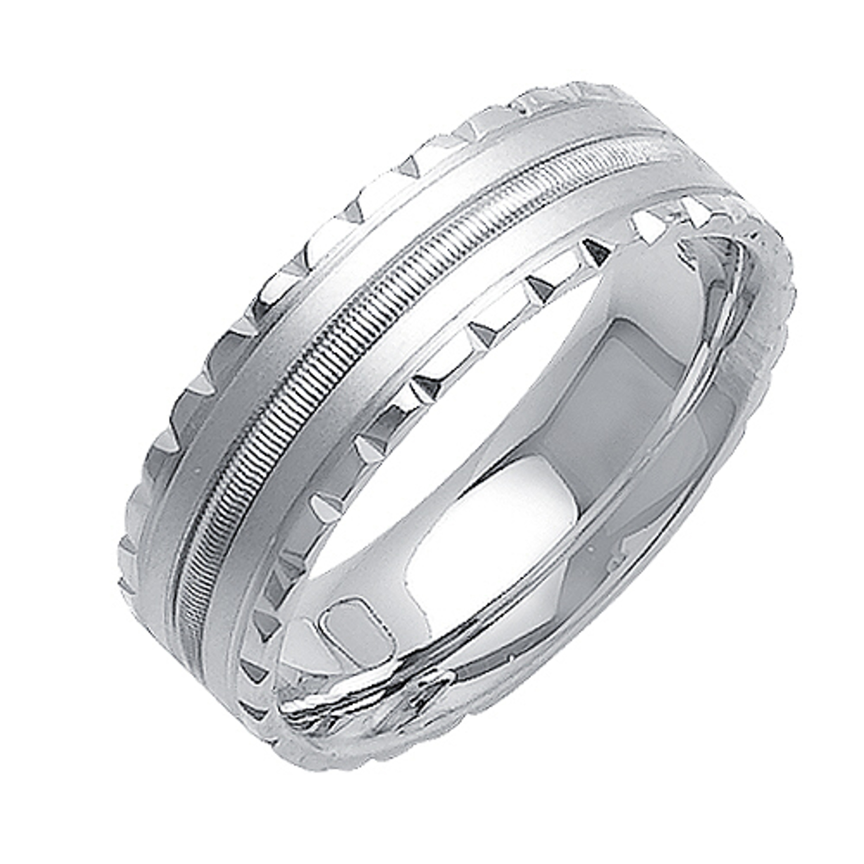 14K White Gold 7mm Wide Matte Finish With A Large Center Milgrain  Wedding Band 14K White Gold 7mm Wide Matte Finish With A Large Center Milgrain  Wedding Band
