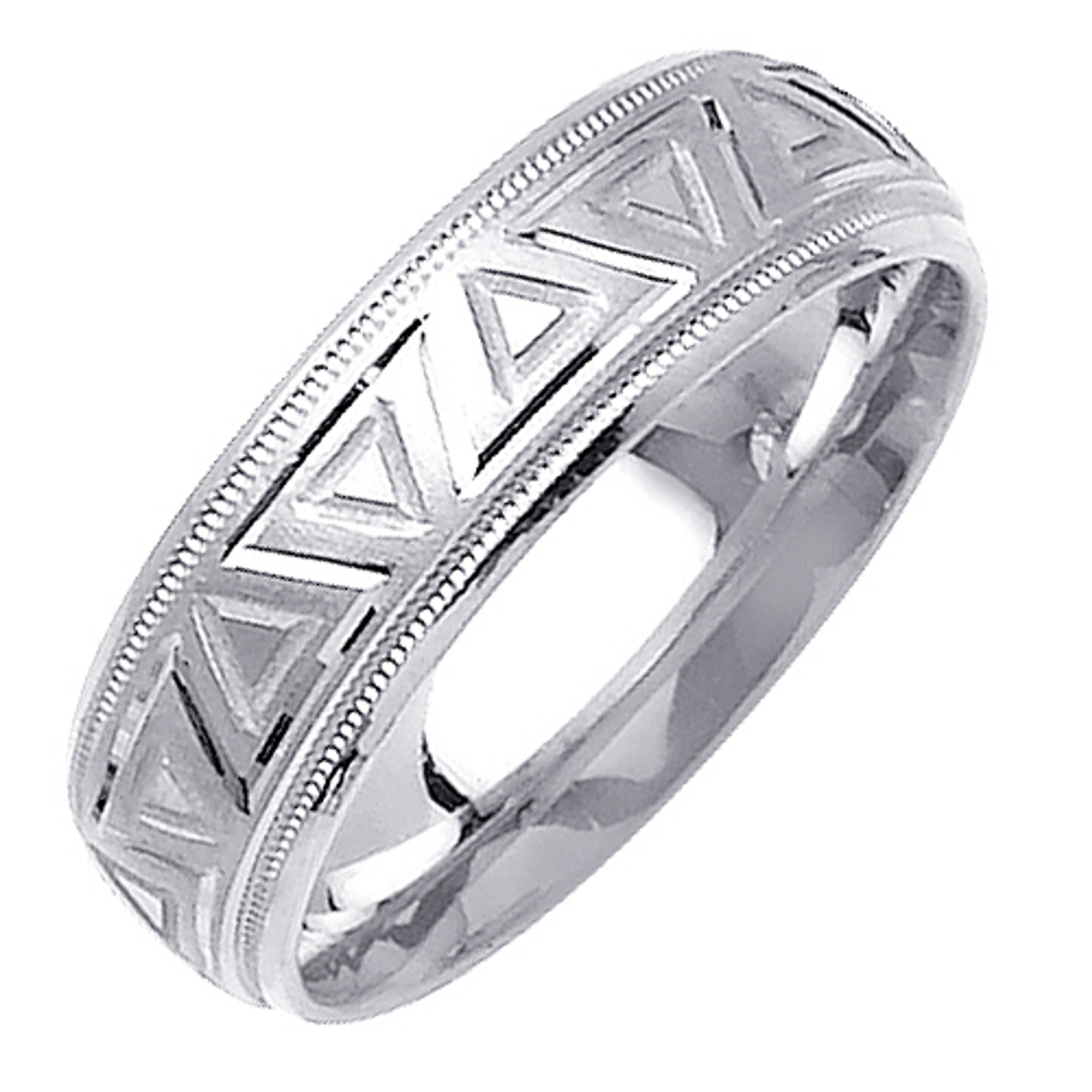14K White Gold 7mm Wide Triangle Pattern With A Rope Milgrain Edge Wedding Band 14K White Gold 7mm Wide Triangle Pattern With A Rope Milgrain Edge Wedding Band