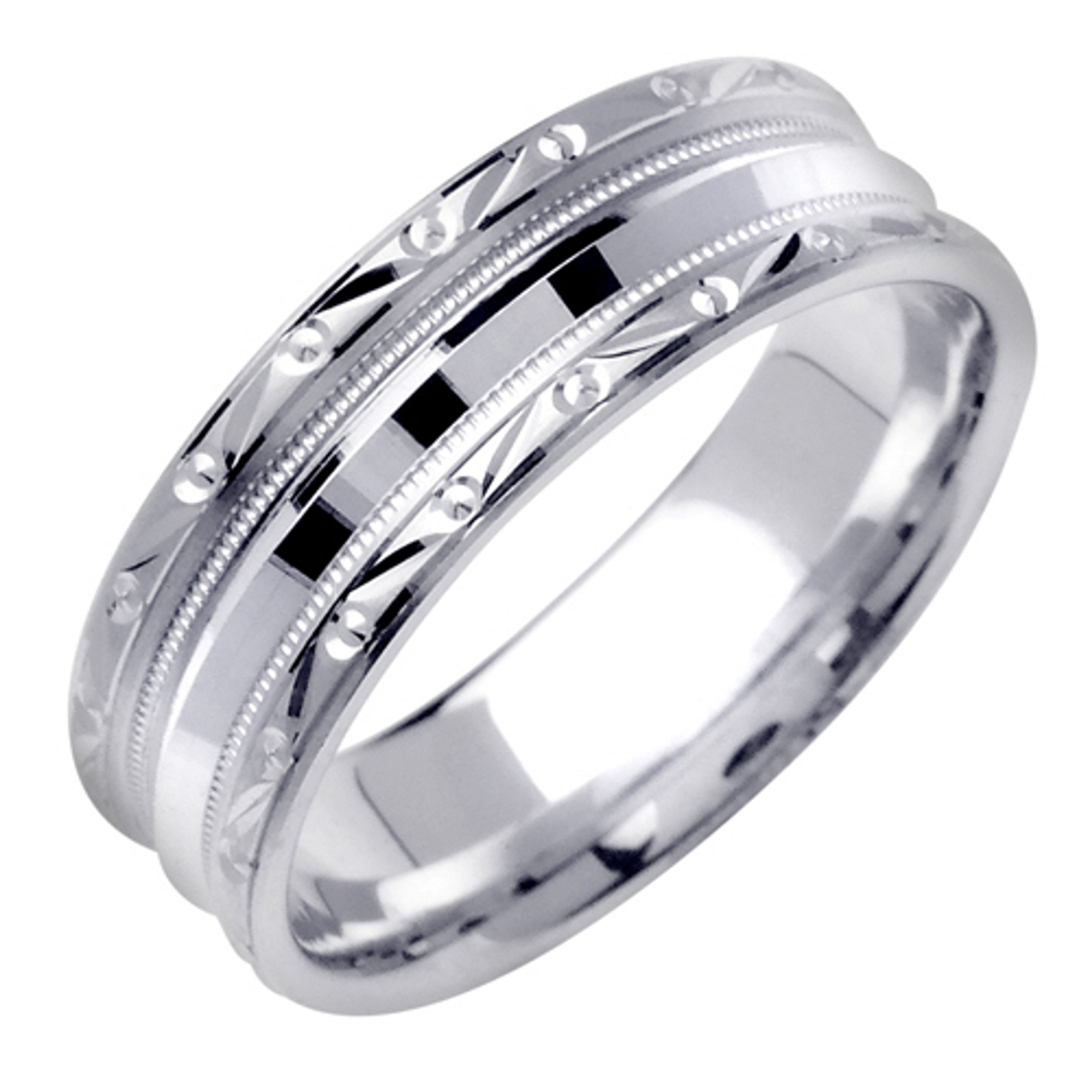14K White Gold 7mm Wide Faceted Edge Pattern With Milgrain Wedding Band 14K White Gold 7mm Wide Faceted Edge Pattern With Milgrain Wedding Band