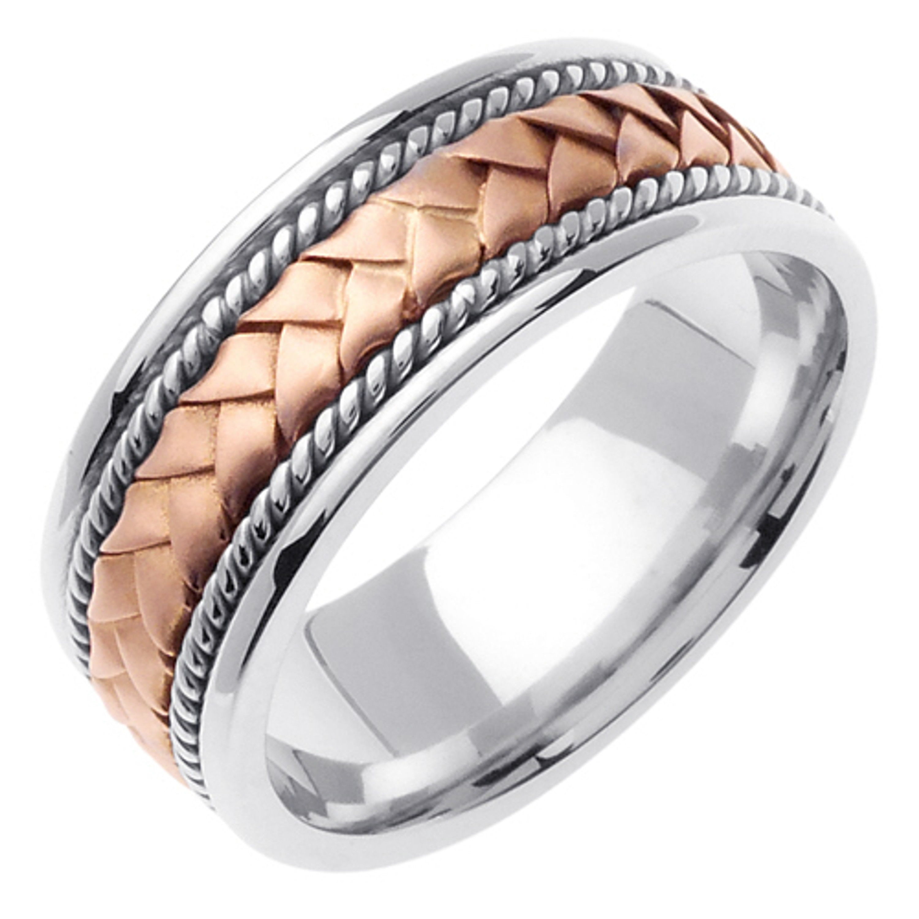 18k White Gold with Rose gold. 8.5mm Wide Handmade Braided Pattern Wedding Band 18k White Gold with Rose gold. 8.5mm Wide Handmade Braided Pattern Wedding Band
