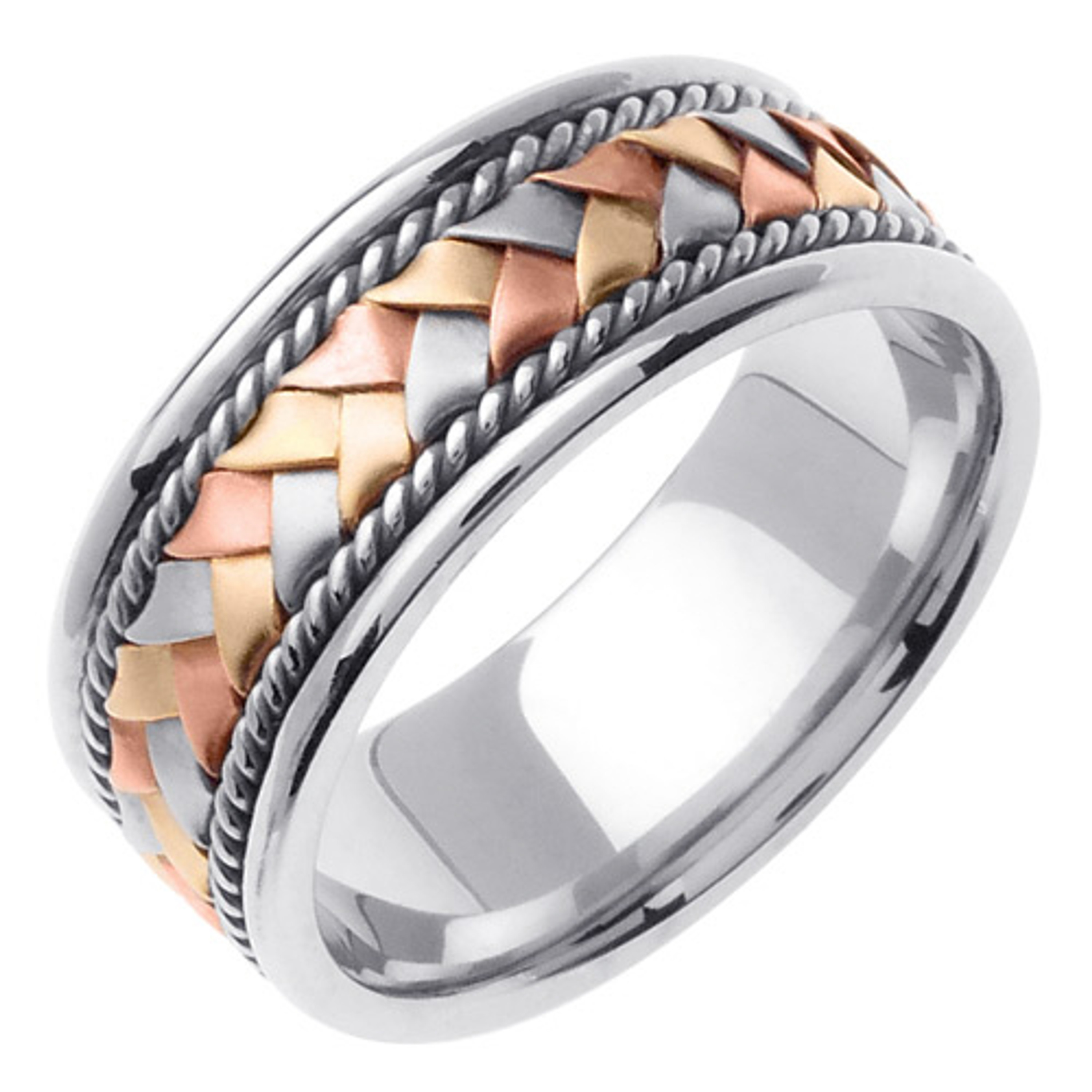 18k White Gold with BraidedTri-color Center 8.5mm Handmade Wedding Band 18k White Gold with BraidedTri-color Center 8.5mm Handmade Wedding Band