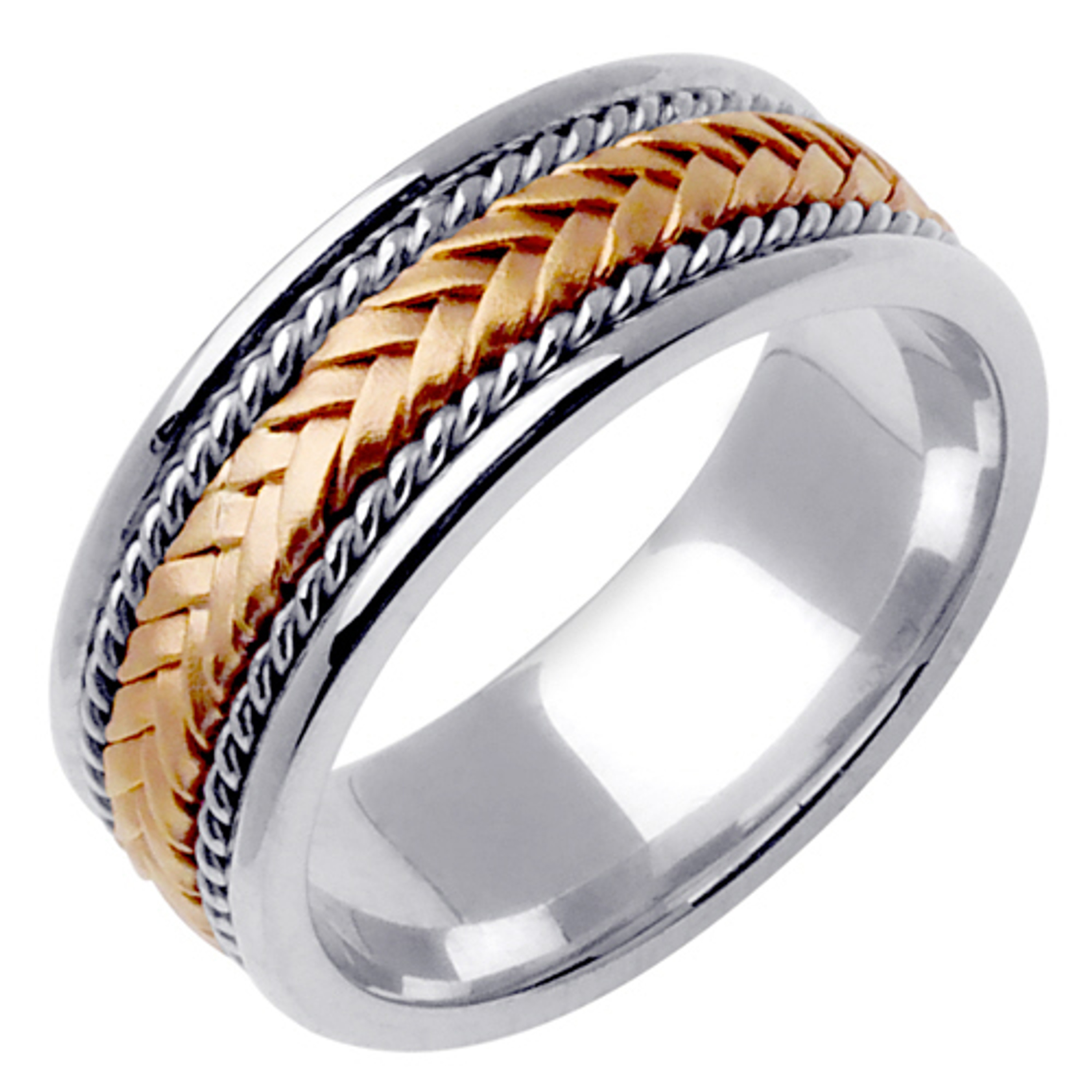 18k White Gold with Rose Gold 8mm Wide Braided Pattern Wedding Band 18k White Gold with Rose Gold 8mm Wide Braided Pattern Wedding Band