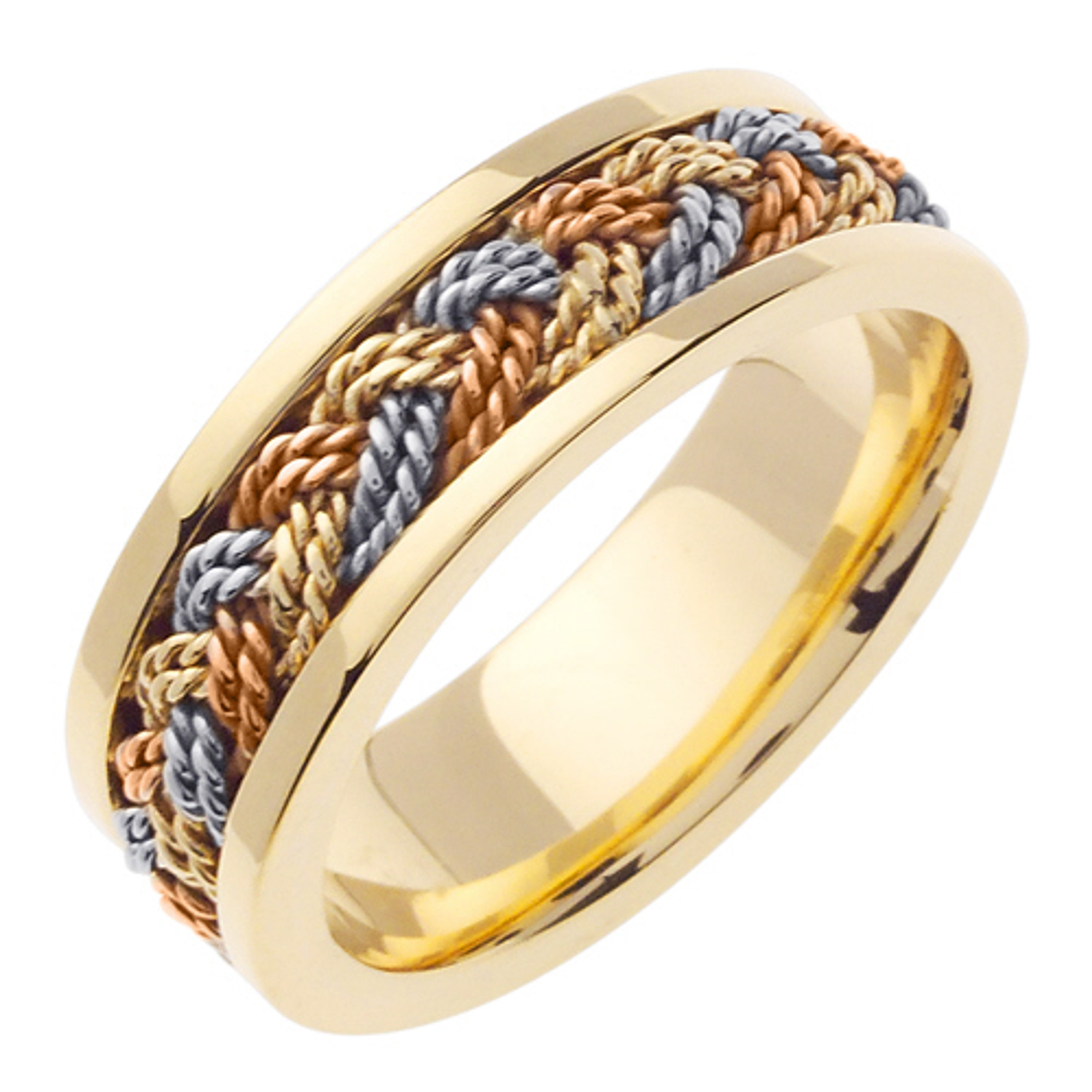 18k Yellow Gold With Braided Tri-color Gold 7mm Handmade Wedding Band 18k Yellow Gold With Braided Tri-color Gold 7mm Handmade Wedding Band
