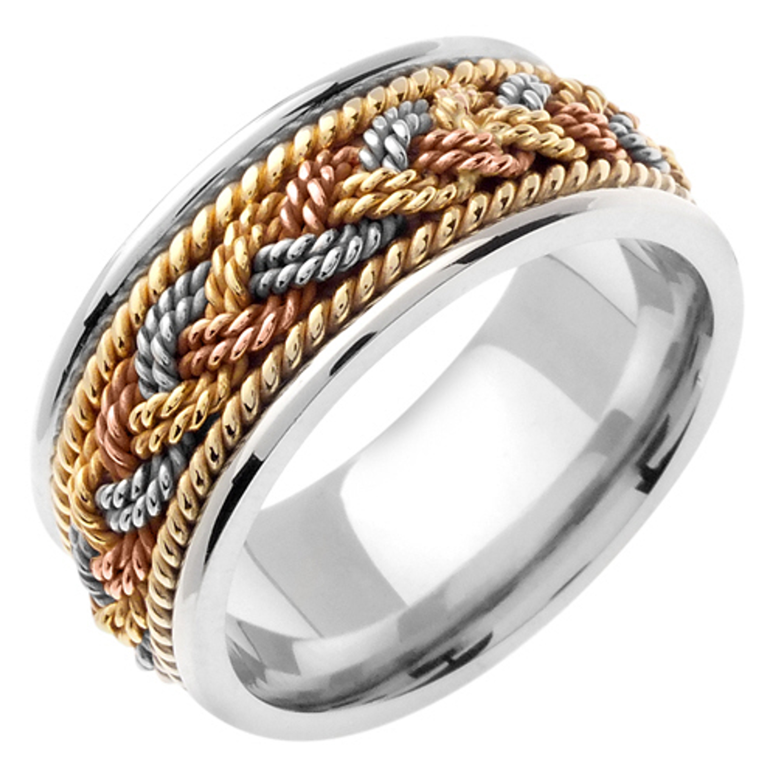 18k White Gold With a Braided Tri-color Center 9mm Handmade Wedding Band 18k White Gold With a Braided Tri-color Center 9mm Handmade Wedding Band