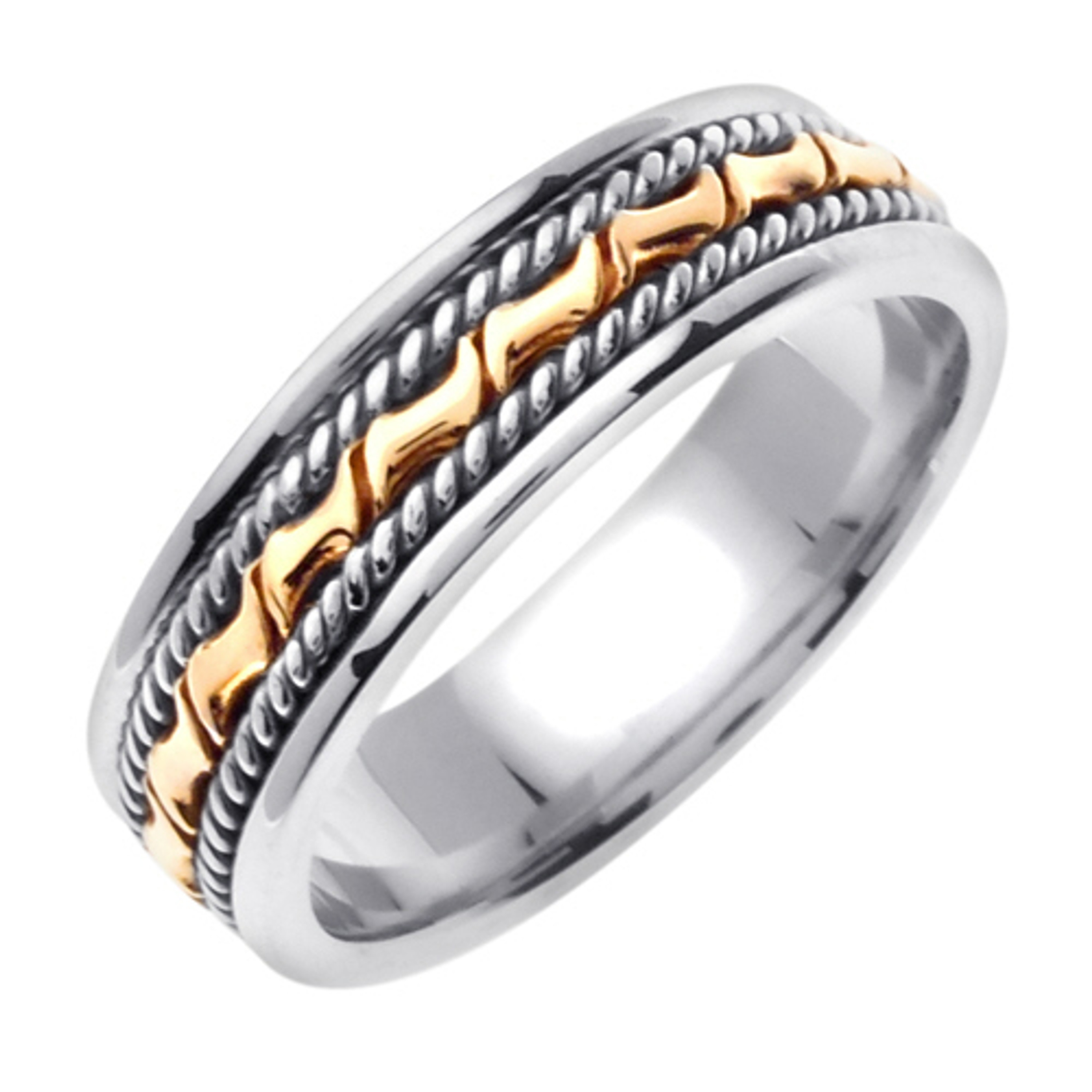 18k White Gold With yellow gold. 6.5mm Wide Handmade Wedding Band (439) 18k White Gold With yellow gold. 6.5mm Wide Handmade Wedding Band (439)